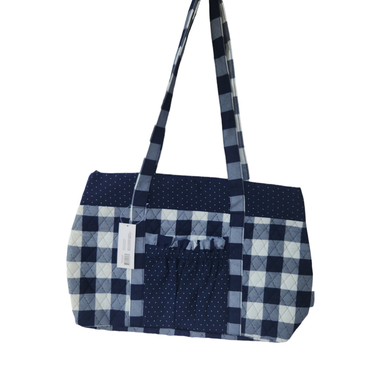 Quilted Fabric Tote Bag, Craft Bag, Sewing, Navy Gingham, 15 x 18 x 13.5 in