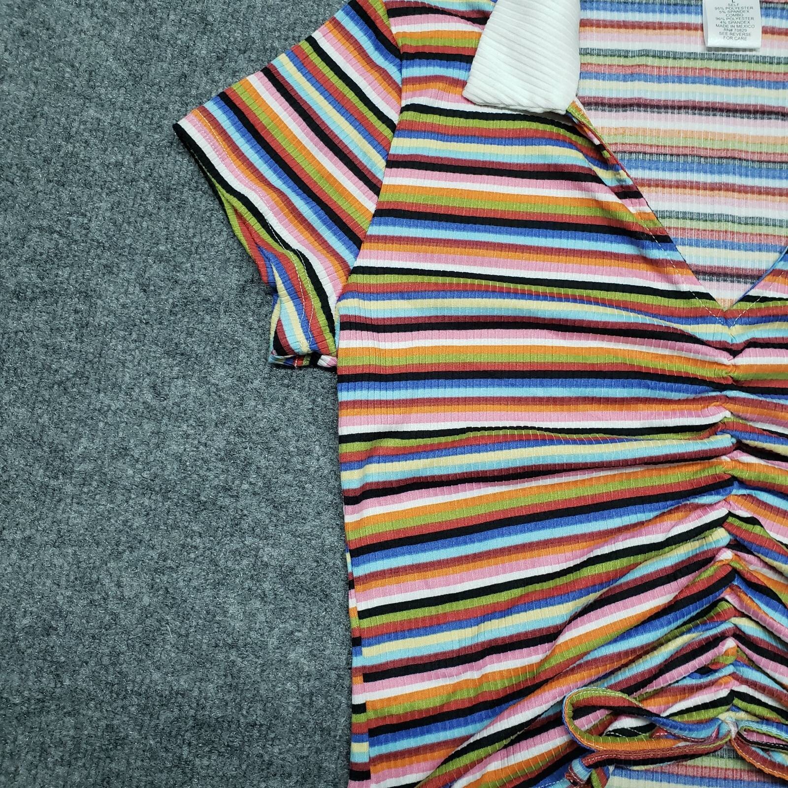 Rue21 Crop Top Womens L Multicolor Striped Short Sleeve V-Neck Ruched Tie New