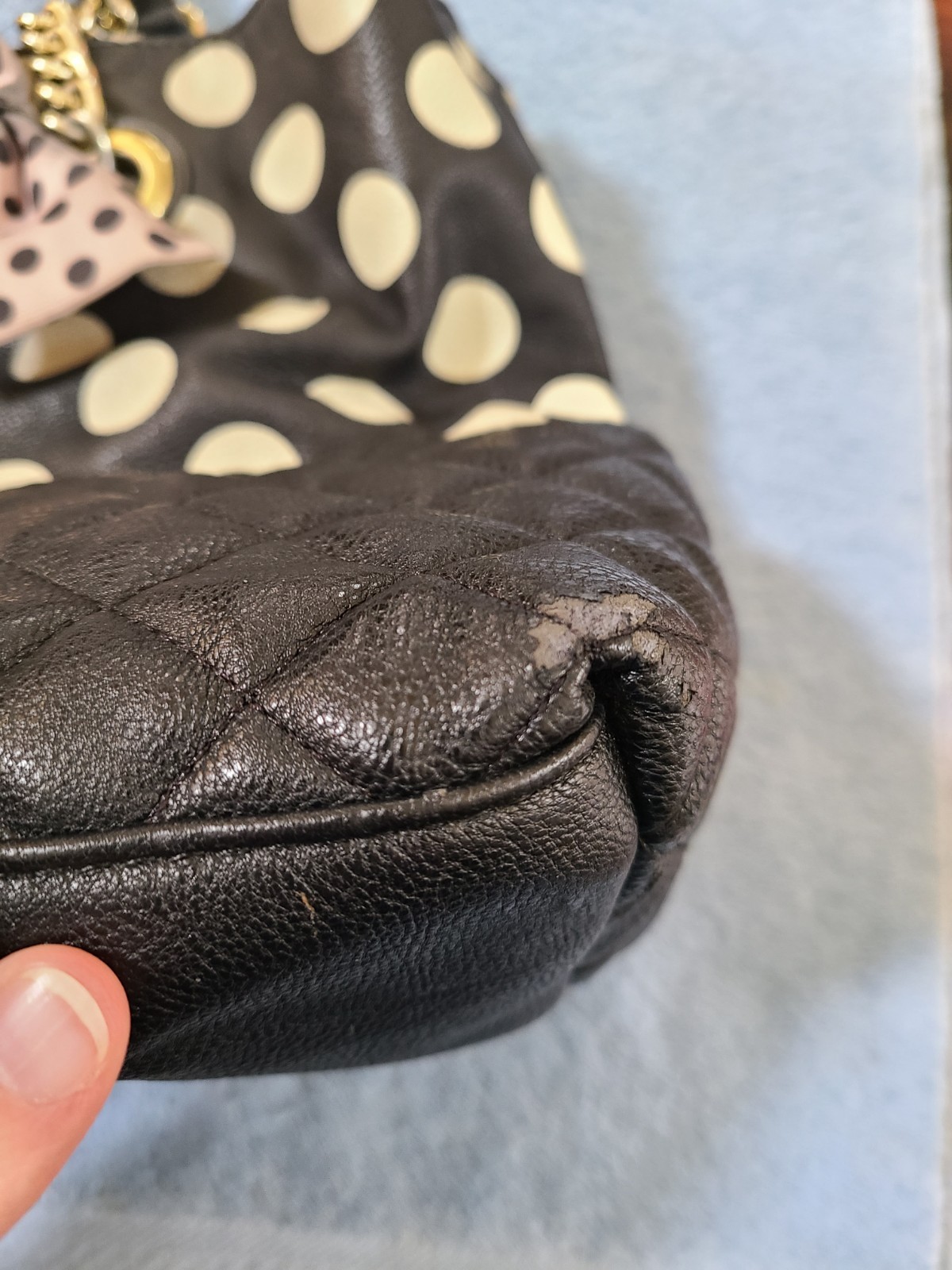 Betsey Johnson Large Black & Ivory Polka Dot Bow Quilted Chain Strap Purse Bag