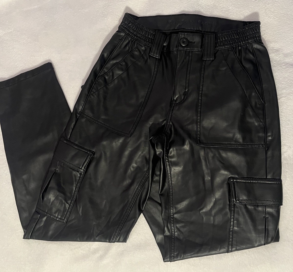 American Eagle Outfitters Black Faux Leather High Rise Cargo Pants Tapered