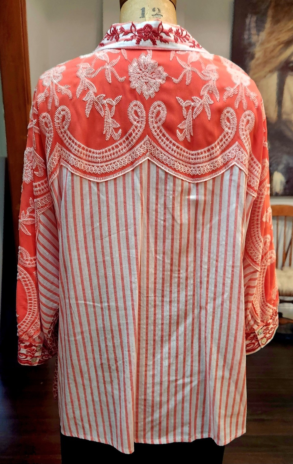 John Mark Patchwork Embroidered Blouse Size S/M Coral Scallop Panel NWT