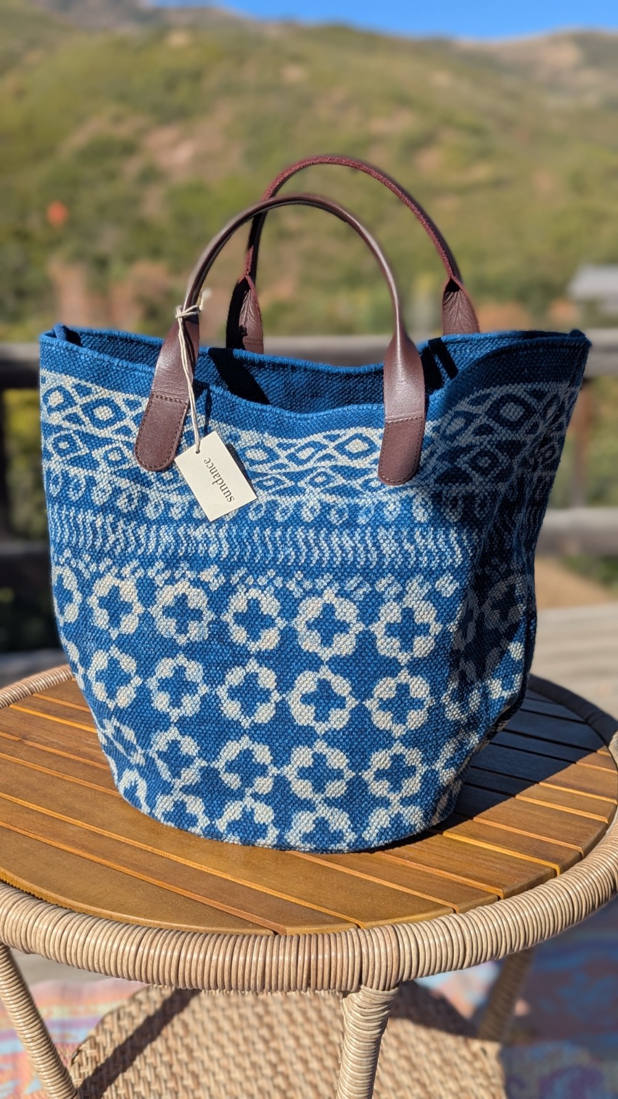 NWT SUNDANCE Woven Indigo Blue & White Shoulder Bag Purse With Leather Handles