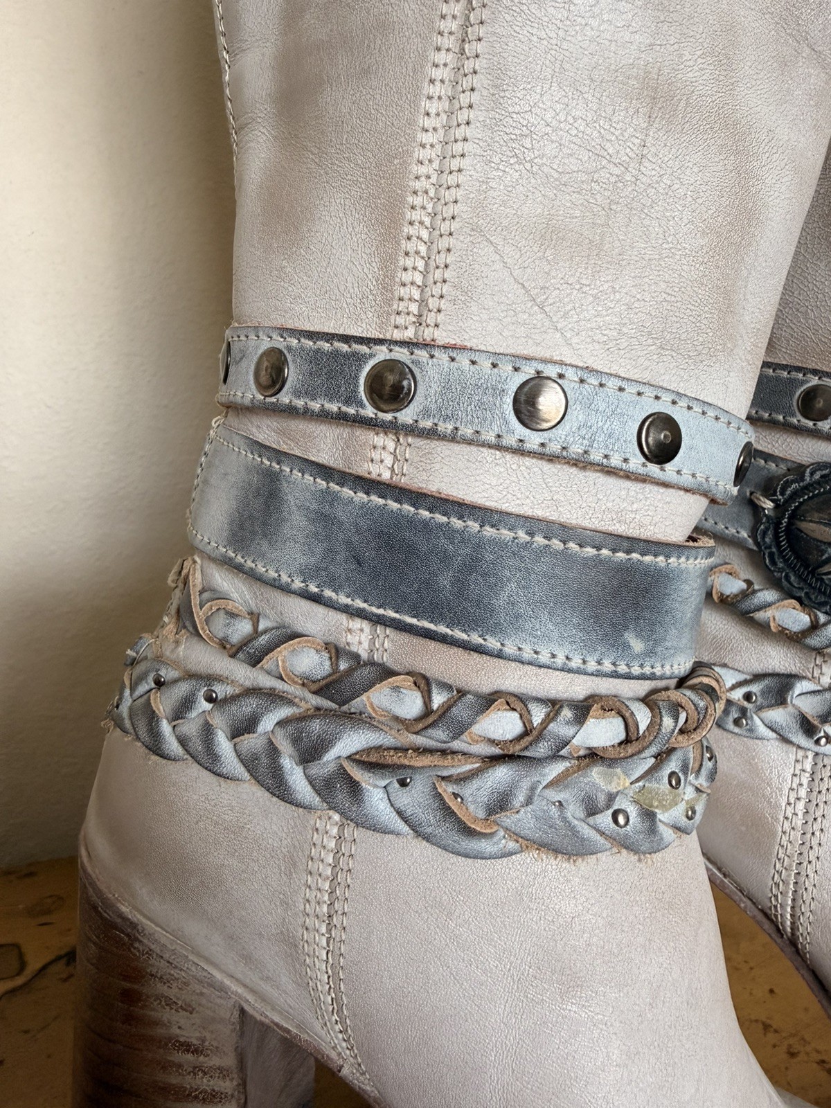 Freebird Juniper Cream Leather Braided Studded Knee High Boots Size 8