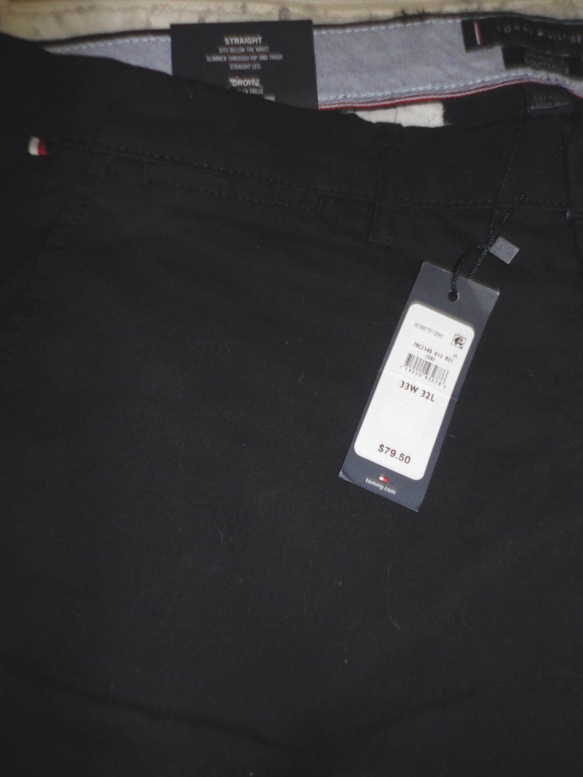 TOMMY HILFIGER Mens TH FLEX BLACK STRAIGHT-FIT CHINO PANTS~Sz 33 X 32~Thflex~NEW