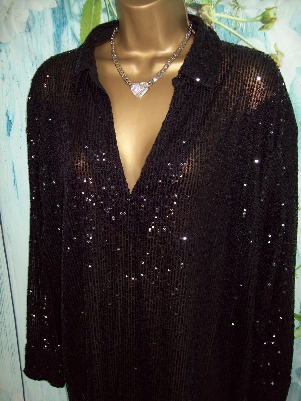 New F&F Black Sequin Shirt Top UK 12 Oversized 12/14 Stretch Party Occasion