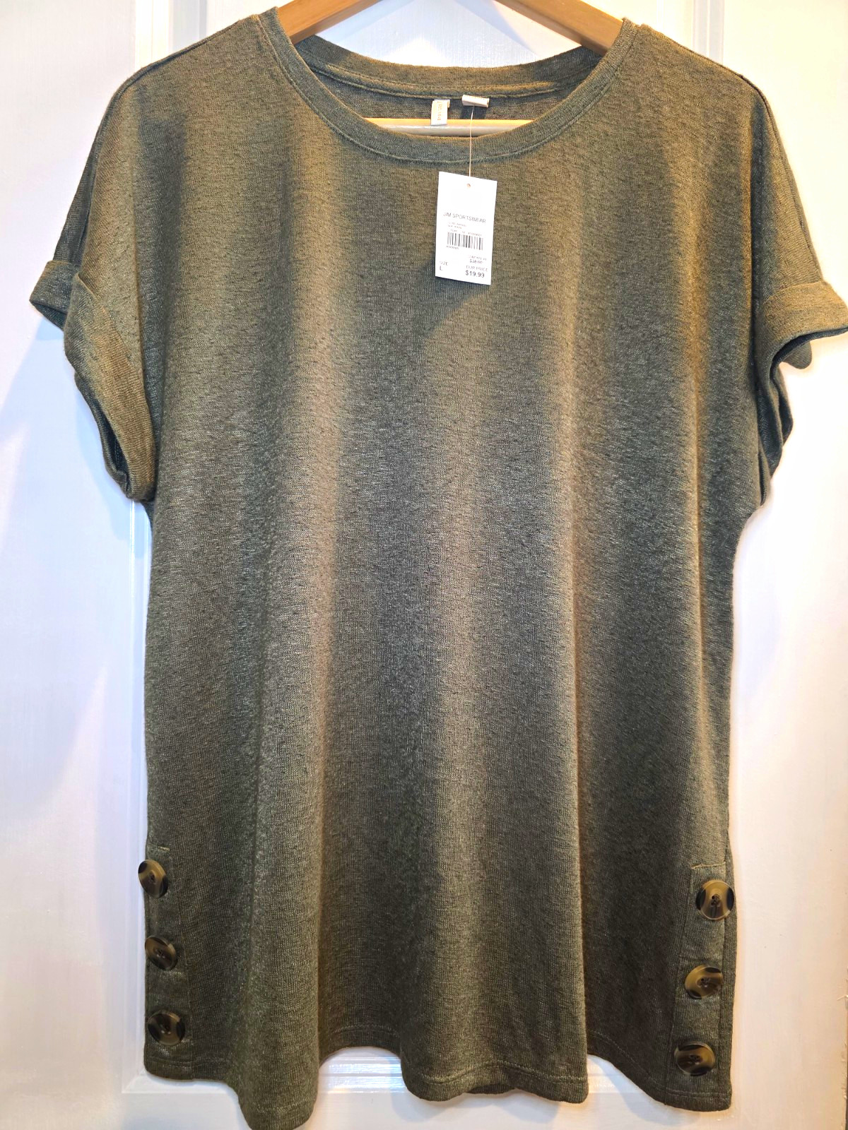 J/M Sportswear Cato Womens L Olive Knit Crew Neck Cap Sleeve Button Accent T