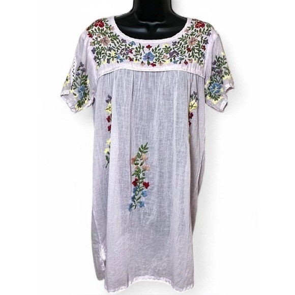 NWT Raj Powder Pink Hand-Embroidered Tunic Mini Dress Floral
