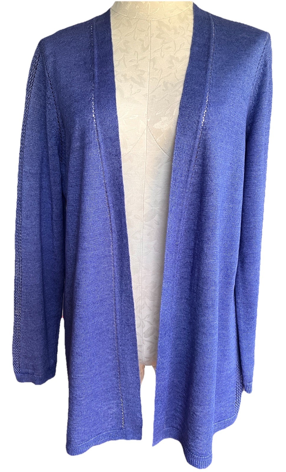 Talbots Women’s 100% Linen Cornflower Blue Open Front Cardigan Sweater Mp