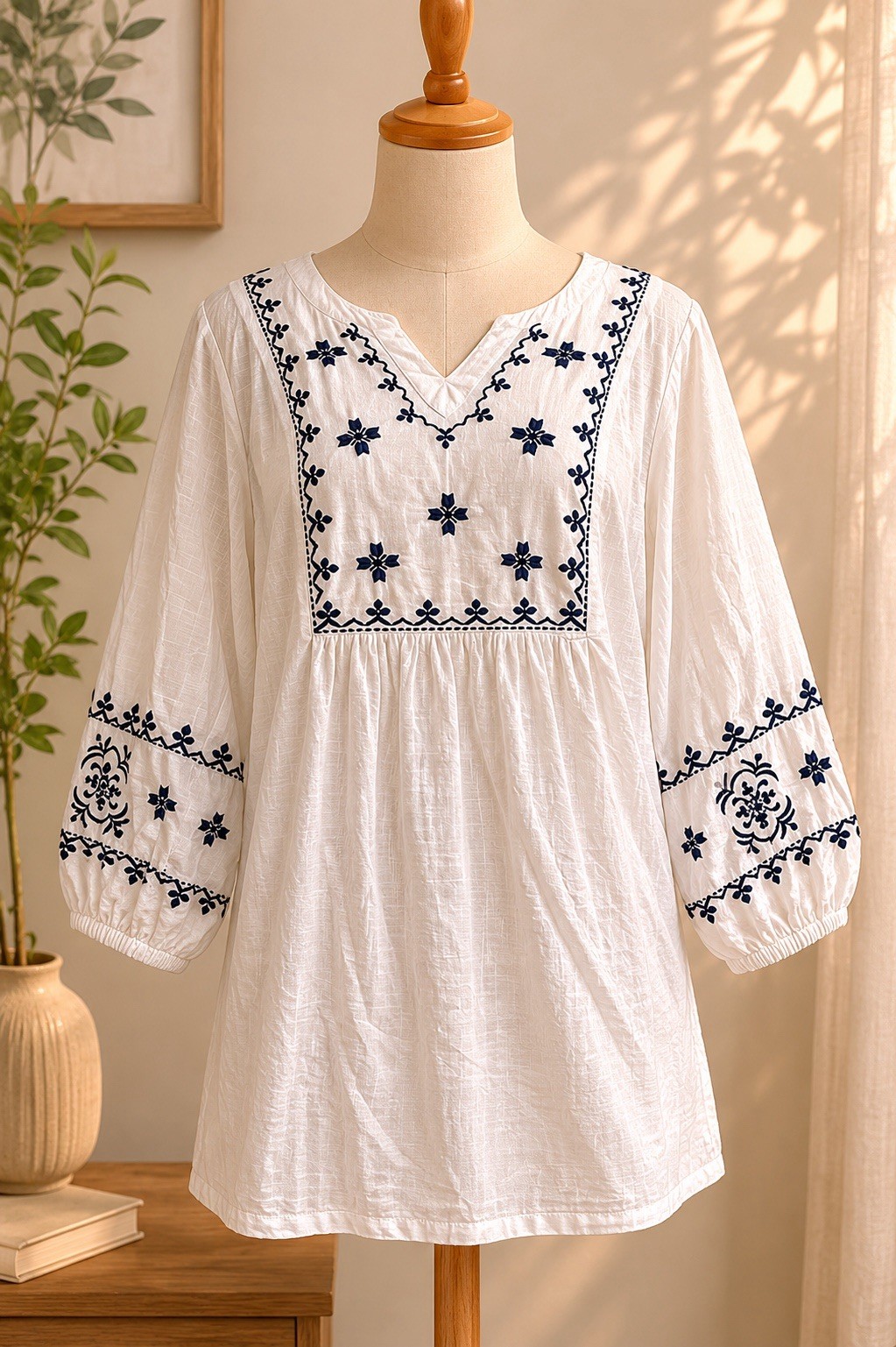 Croft & Barrow Womens 1X White Embroidered Tunic Top Blue Boho Peasant Cotton