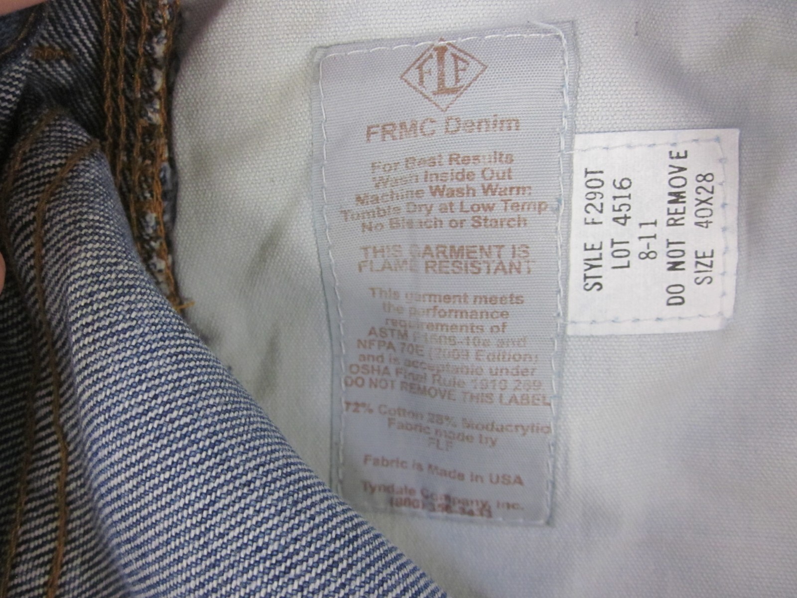Tyndale FR Carpenter Cargo Blue Jeans W40 L28 Fire Resistant ATPV:15.1 USA F290T