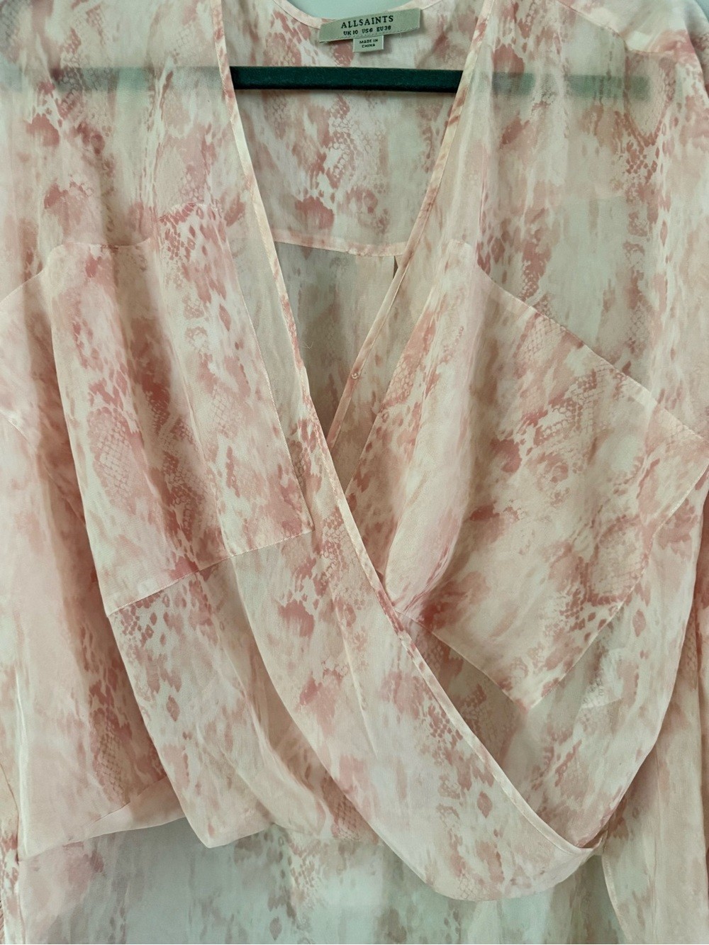 AllSaints Penny Masala Sheer Wrap Top Blouse Pink Cream Size 6
