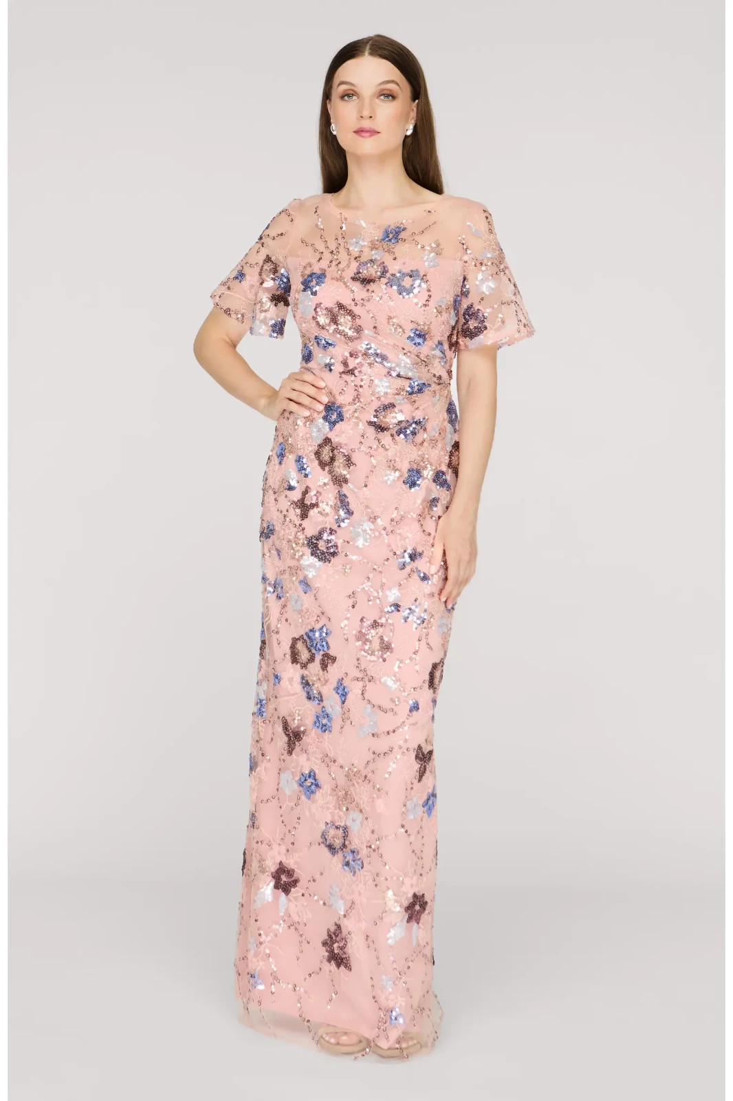 New J.S.Collection Alisa Sequin Embellished Short Sleeve Column Gown Size 8