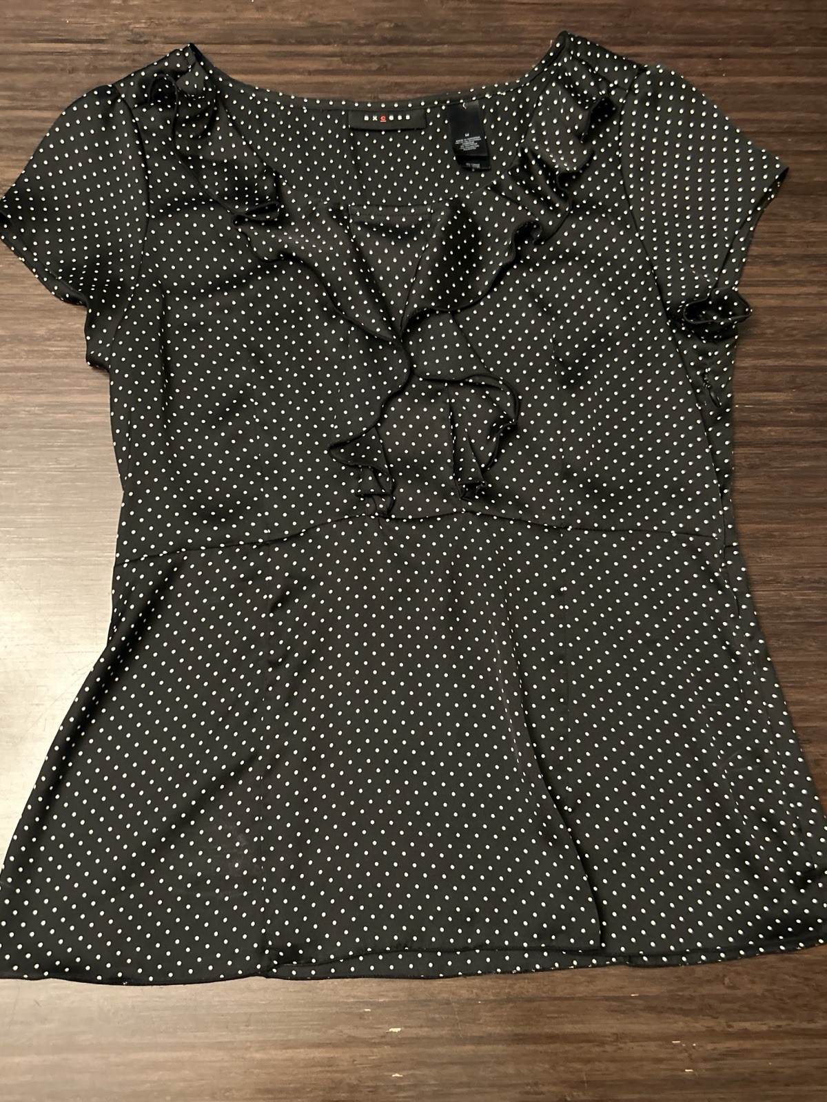 Access Women’s Black White Polka Dot Ruffle Empire Waist Blouse Top Sz M Silk