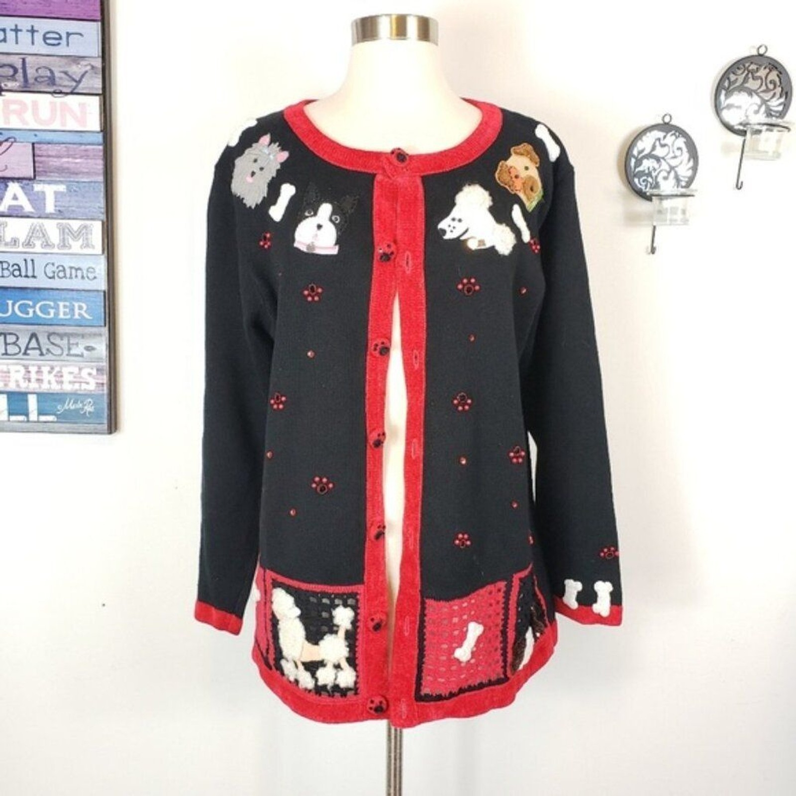 Quacker Factory Vintage Dog Lovers Cardigan Sweater Poodle Shih Tzu Pit Bull Ter