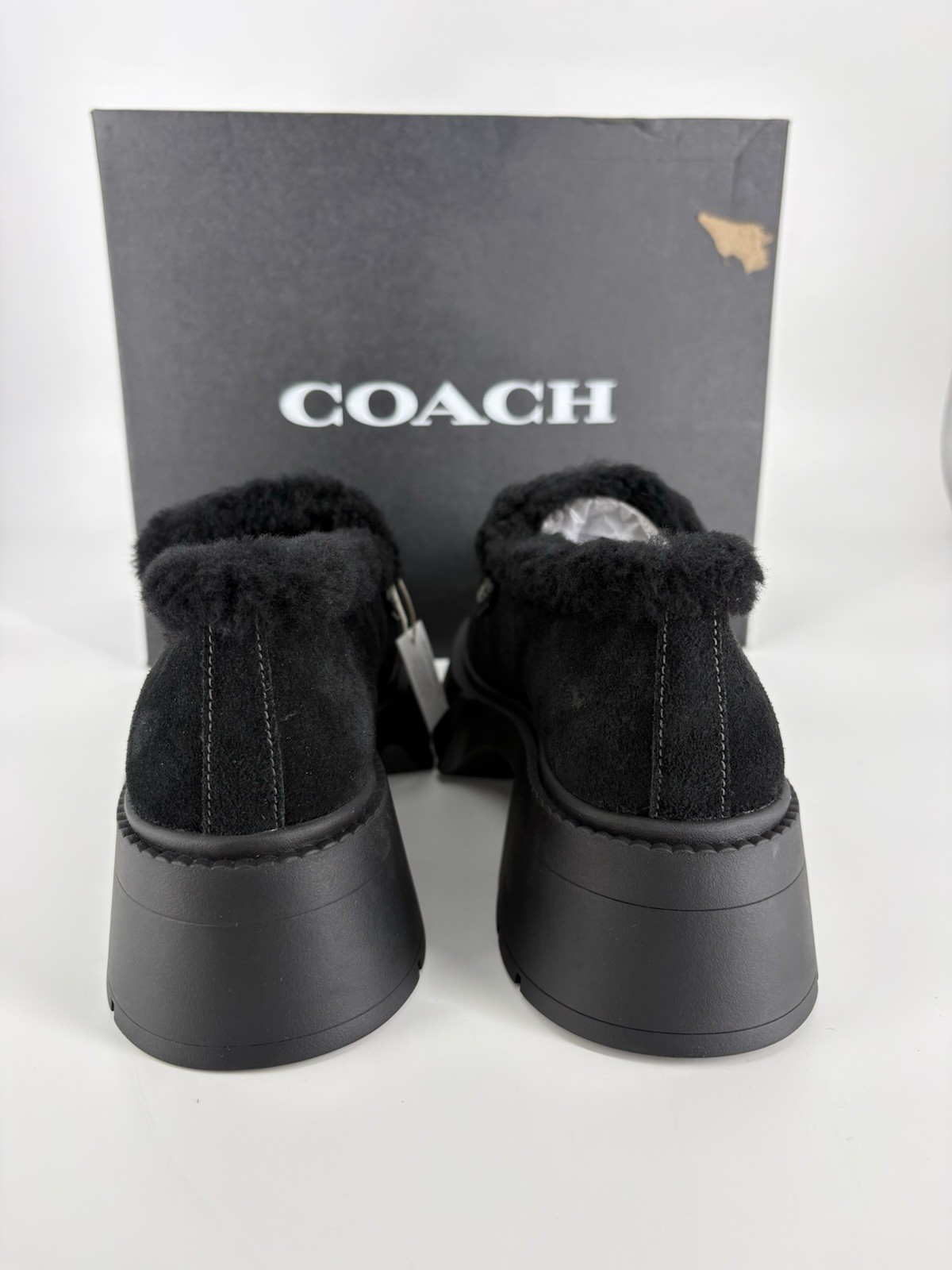 COACH Sz 7 Leah Loafers $250 Retail NWB Black Suede Shearling Logo