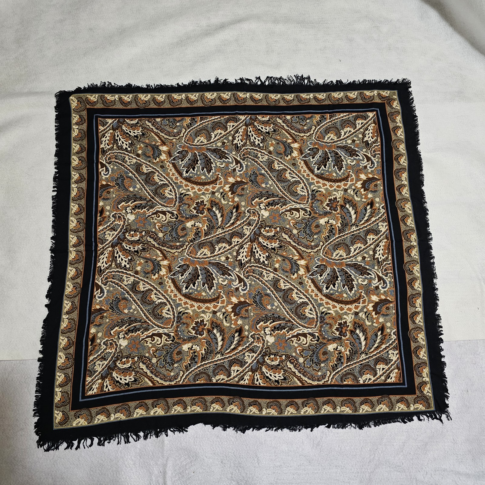 Paisley Fringed Scarf Rectangle – Black, Brown, Cream – 33 in x 31 in