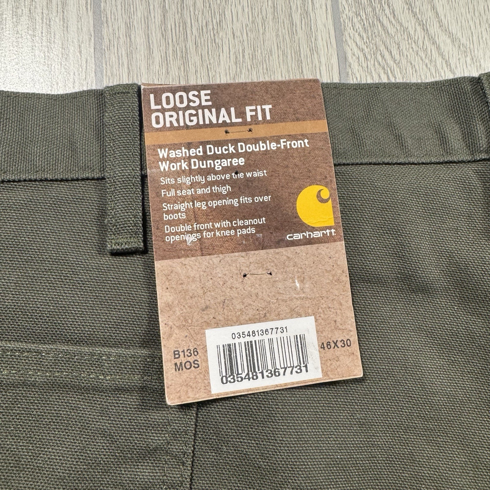 Carhartt Washed Duck Double Front Work Dungarees Men 46×30 Olive Green Loose NWT