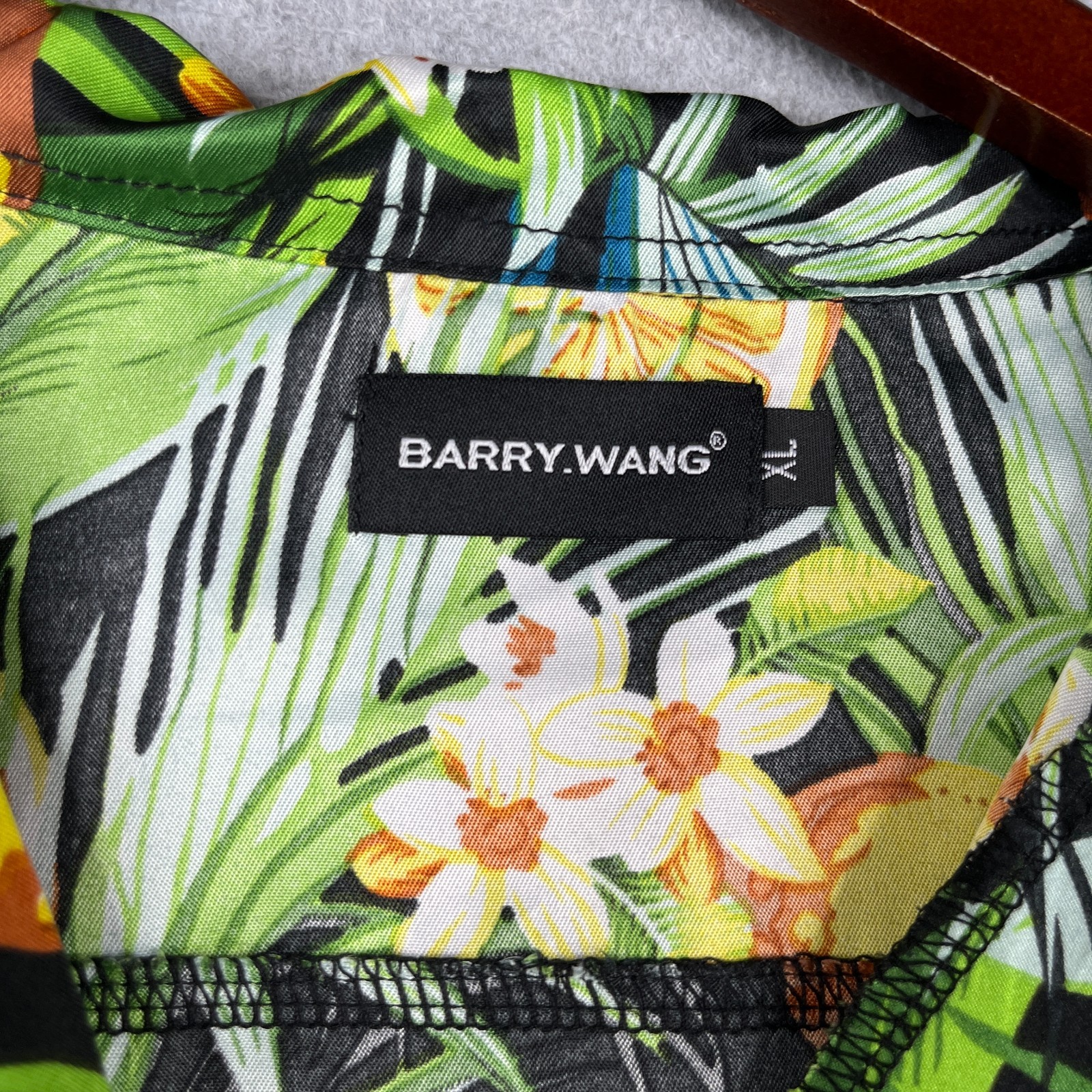 Barry Wang Tropical Lemon Print Floral Shirt XL Button Up Short Sleeve Mens XL