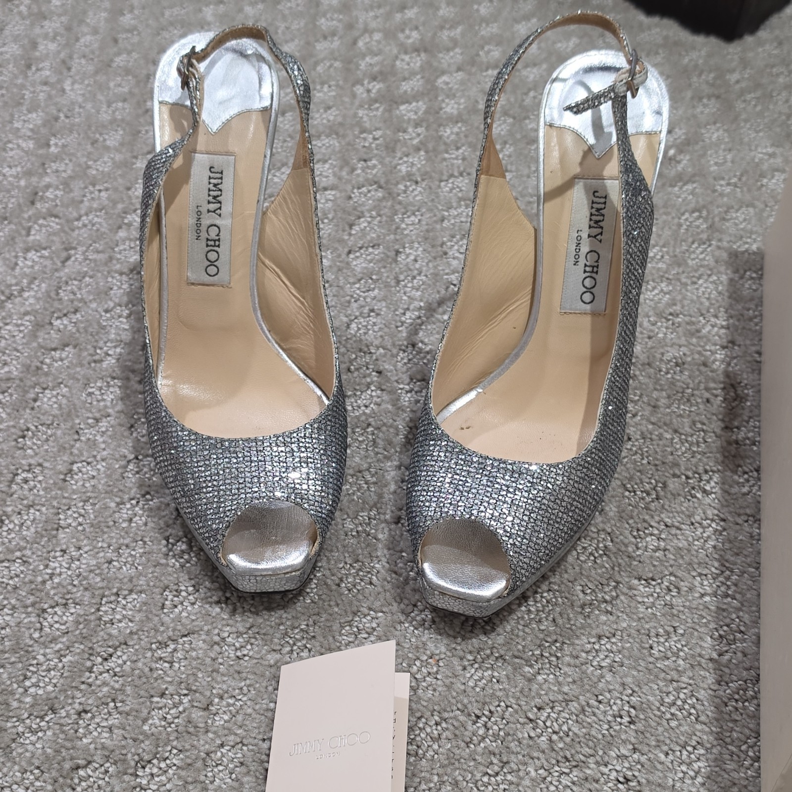 Jimmy Choo Silver Glitter Fabric Platform Peep Toe Ankle Strap Heels 38.5