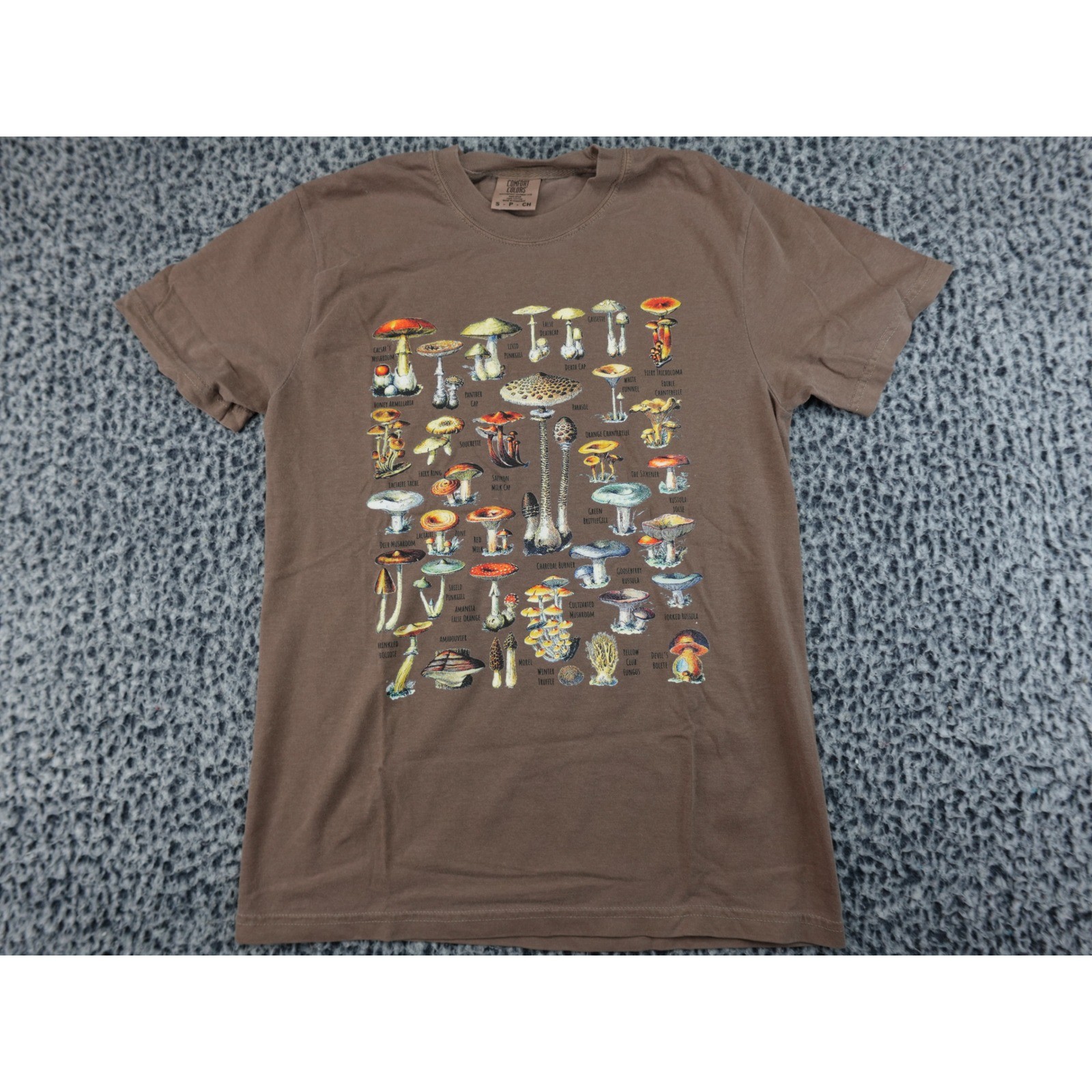 Comfort Colors Mushroom Identification Graphic T-Shirt Mens Small Brown Cotton