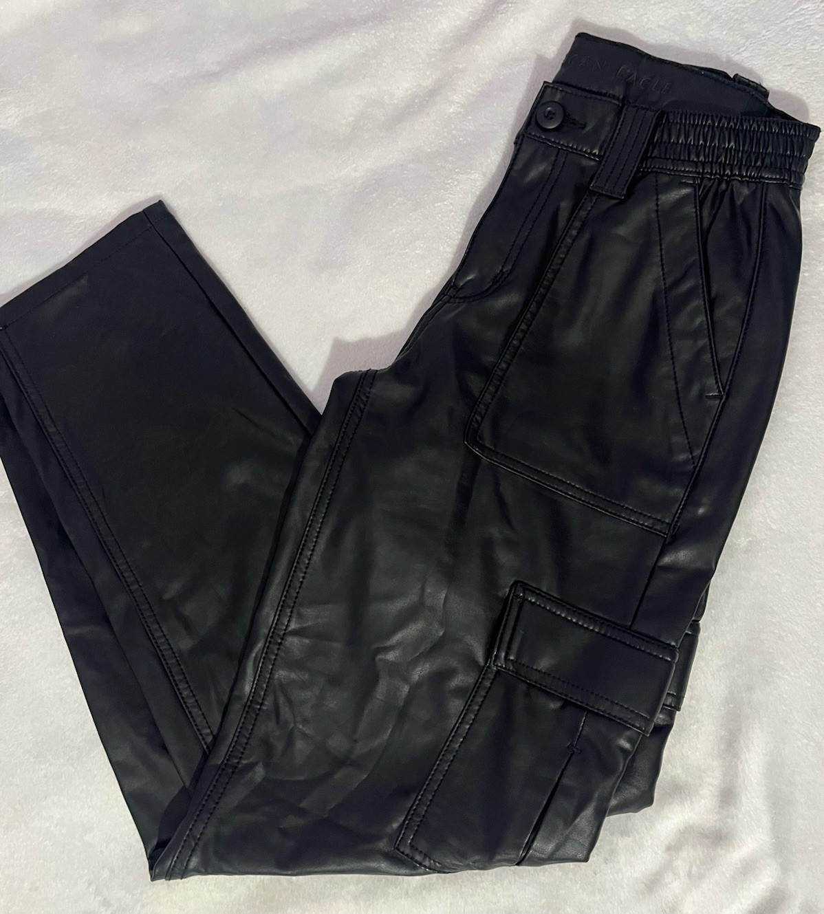 American Eagle Outfitters Black Faux Leather High Rise Cargo Pants Tapered