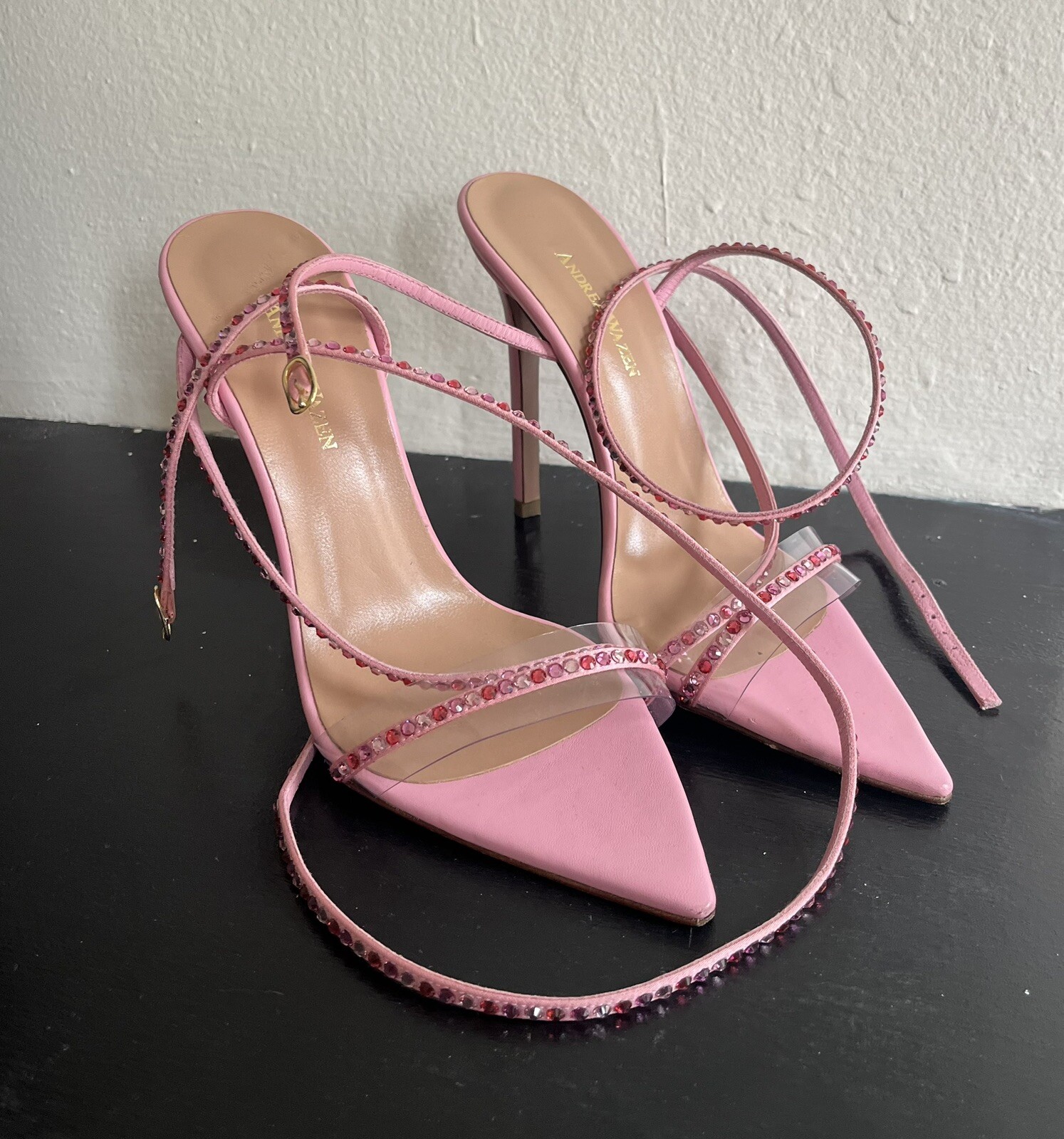 Andrea Wazen Dassy Crystal Pink Leather Heeled Satin Sandals Size 39