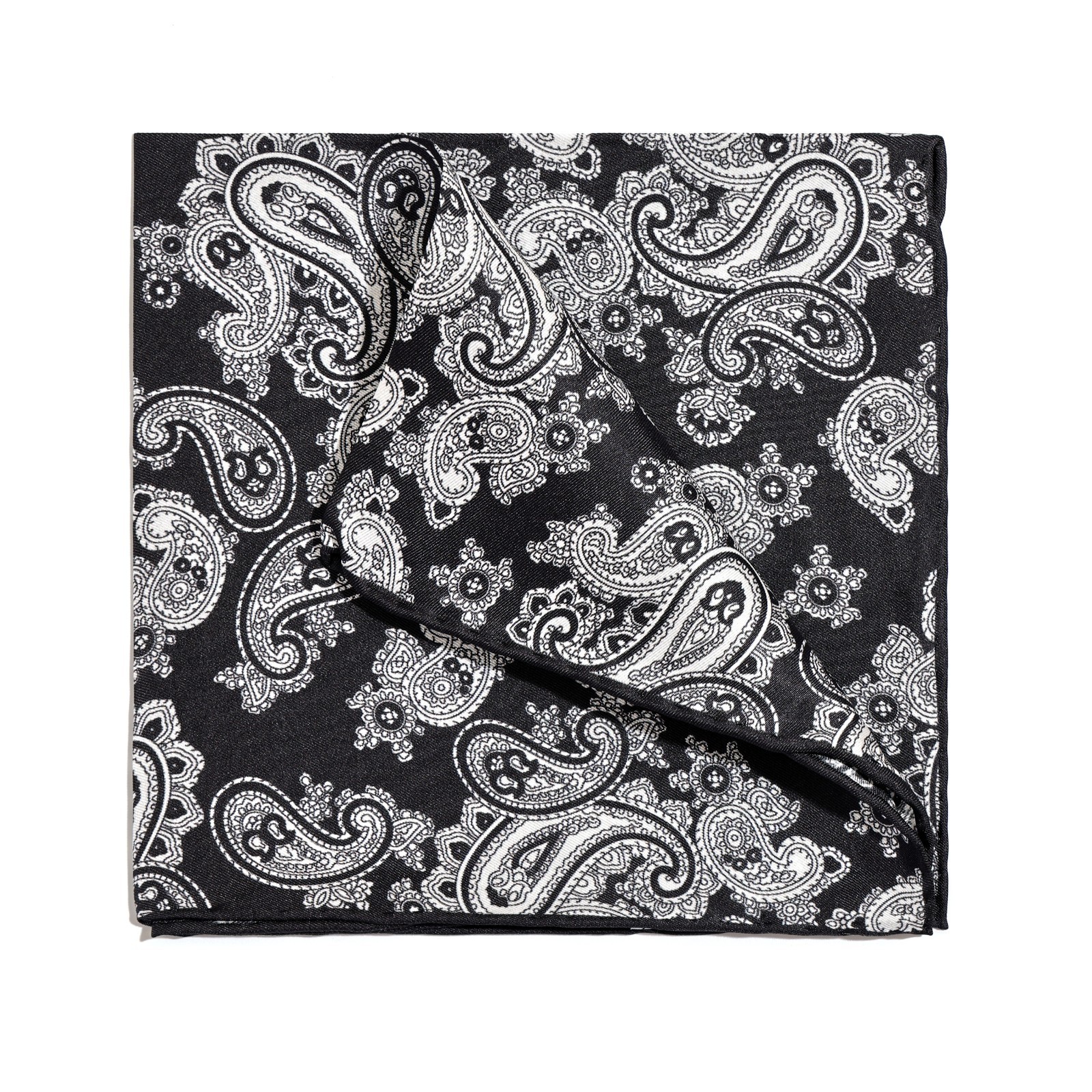 Men’s 100% Silk Black White Paisley Pocket Square Hand Rolled Business11.8″ 30cm
