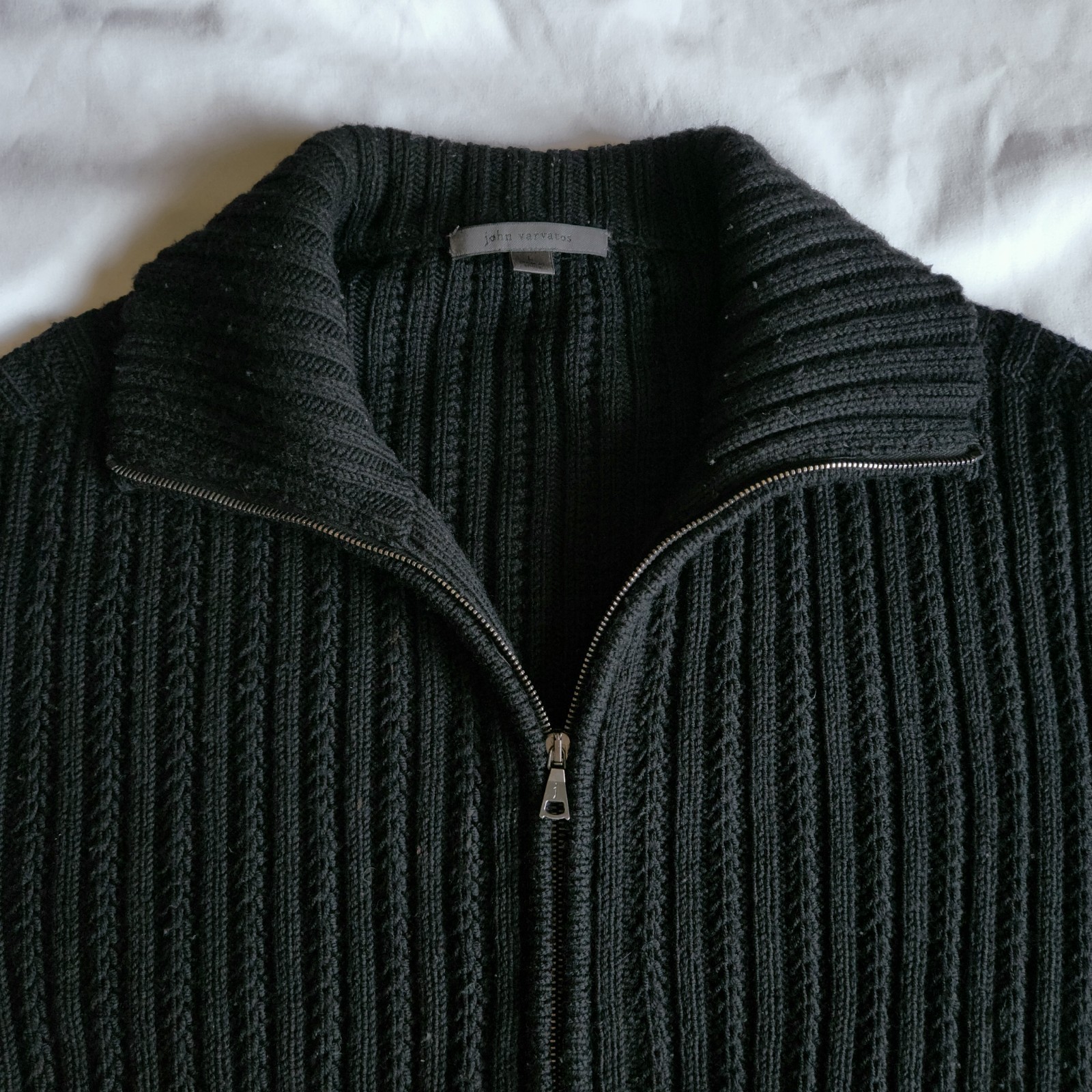 John Varvatos Mens L Black Merino Wool Lamb Leather Elbow Patches Zip-Up Sweater