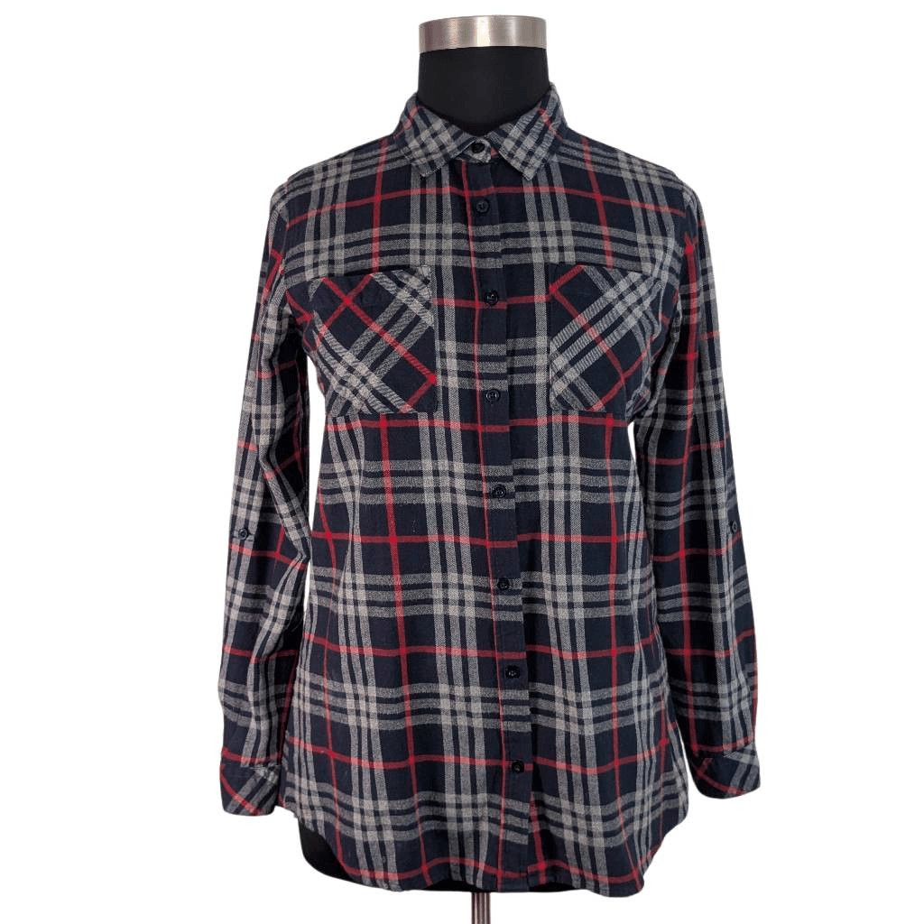 Maison Coupe L Red Navy Blue Flannel Shirt Gorpcore Split Back Grunge Pockets