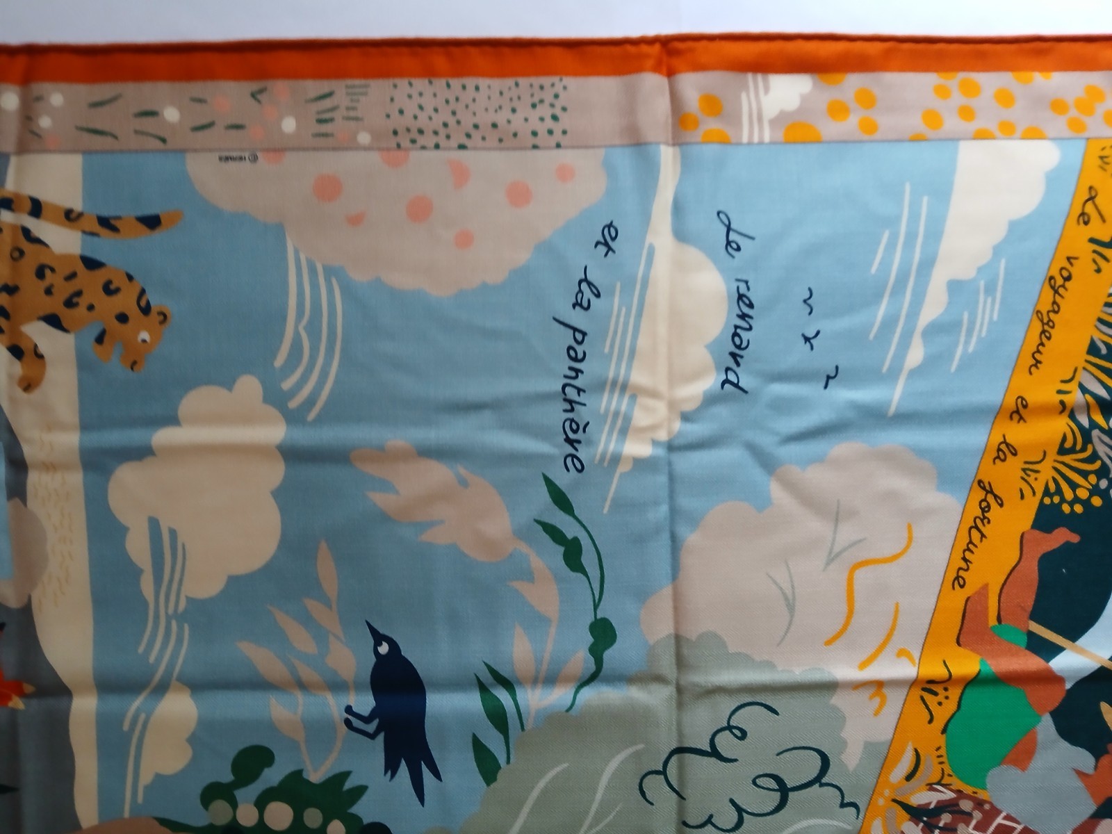 HERMES Shawl 140 Le Livre d’Esope Cashmere Silk Scarf Orange Multicolor Stole