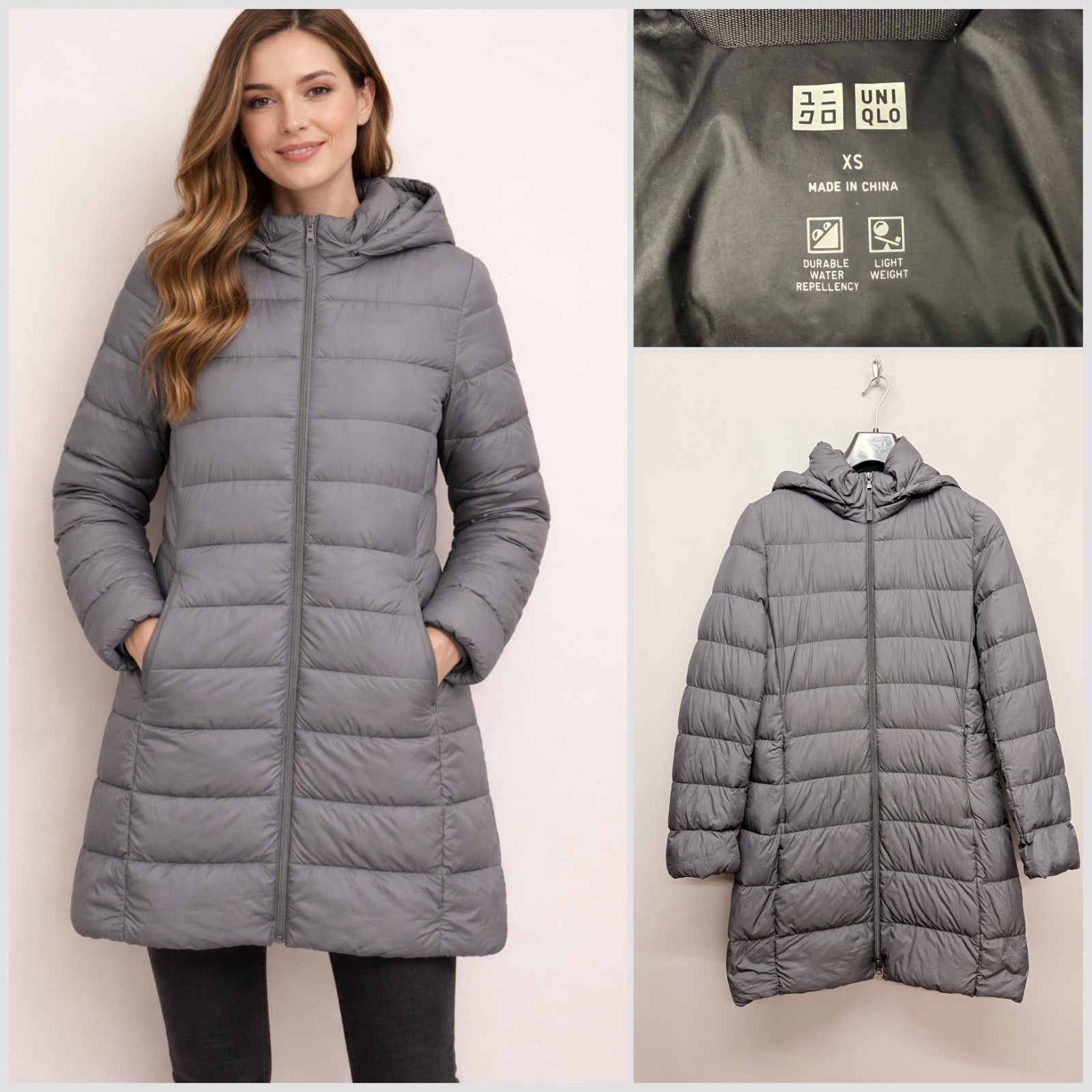 UNIQLO Women’s Long Grey Duck Down Puffer Hooded Jacket XS Parka 31-33in Bust