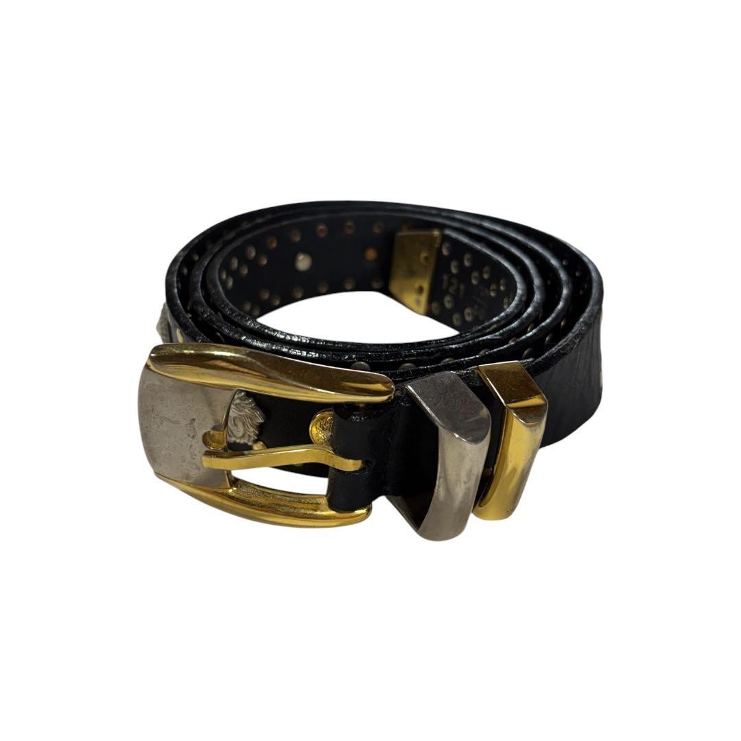 GIANNI VERSACE 1990s Studded Leather Belt Two-Tone Gold Silver Buckle Used