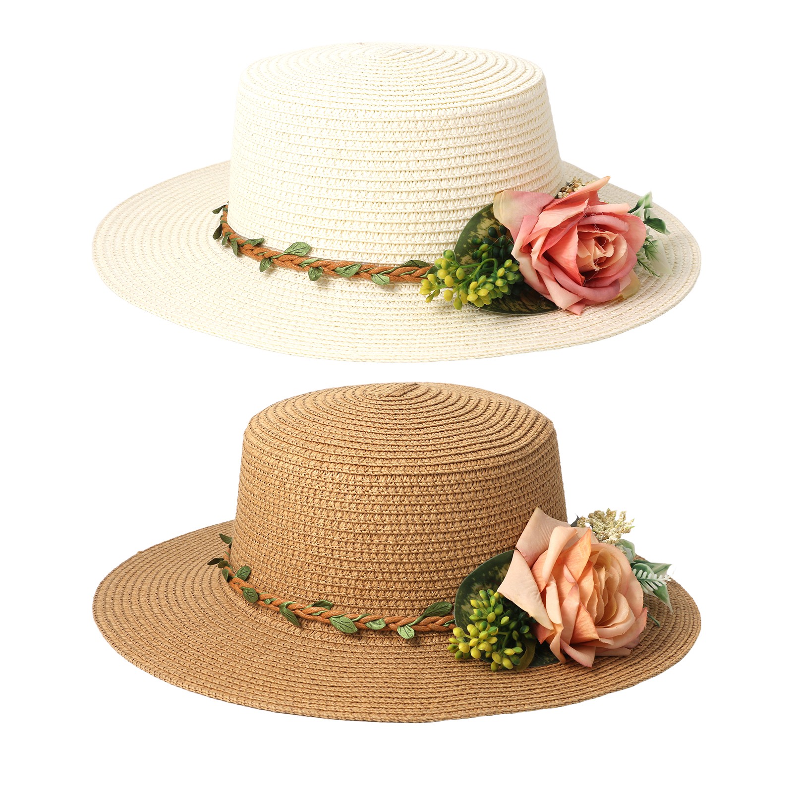 Women’s 3D Floral Decor Straw Wide Brim Flower Sun Hat Summer Outdoor Beach Hat