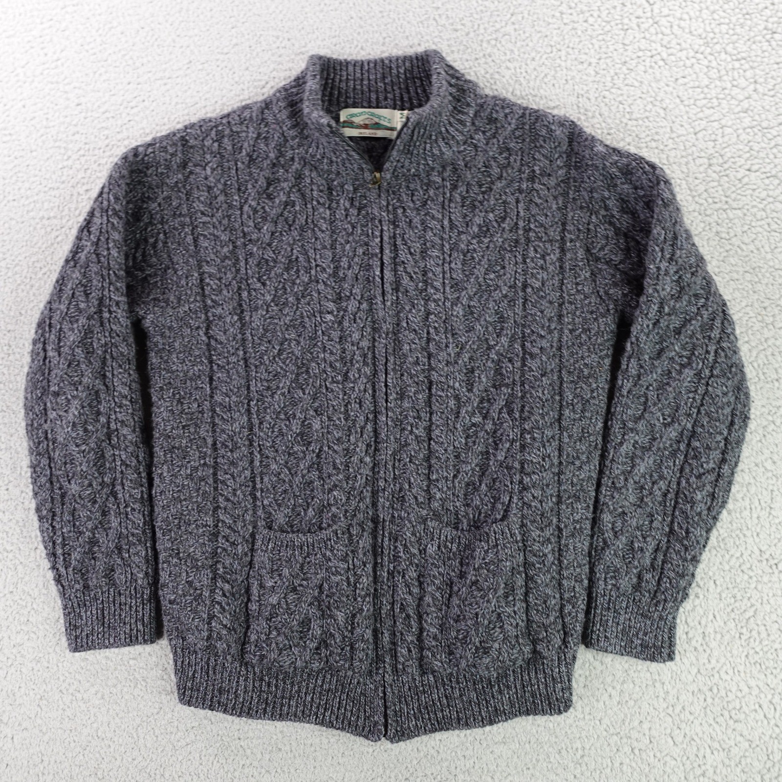Aran Crafts Cardigan Sweater Mens Medium Gray Merino Wool Full Zip Cable Knit