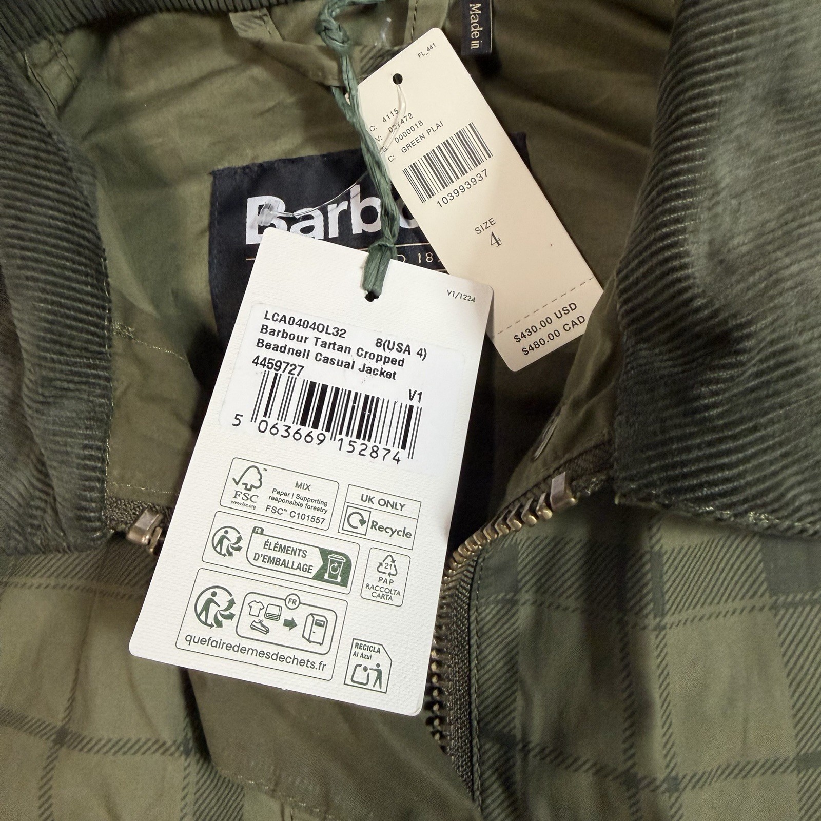 NWT Barbour Green Tartan Cropped Beadnell Casual Jacket Size 4 21×22 Inches