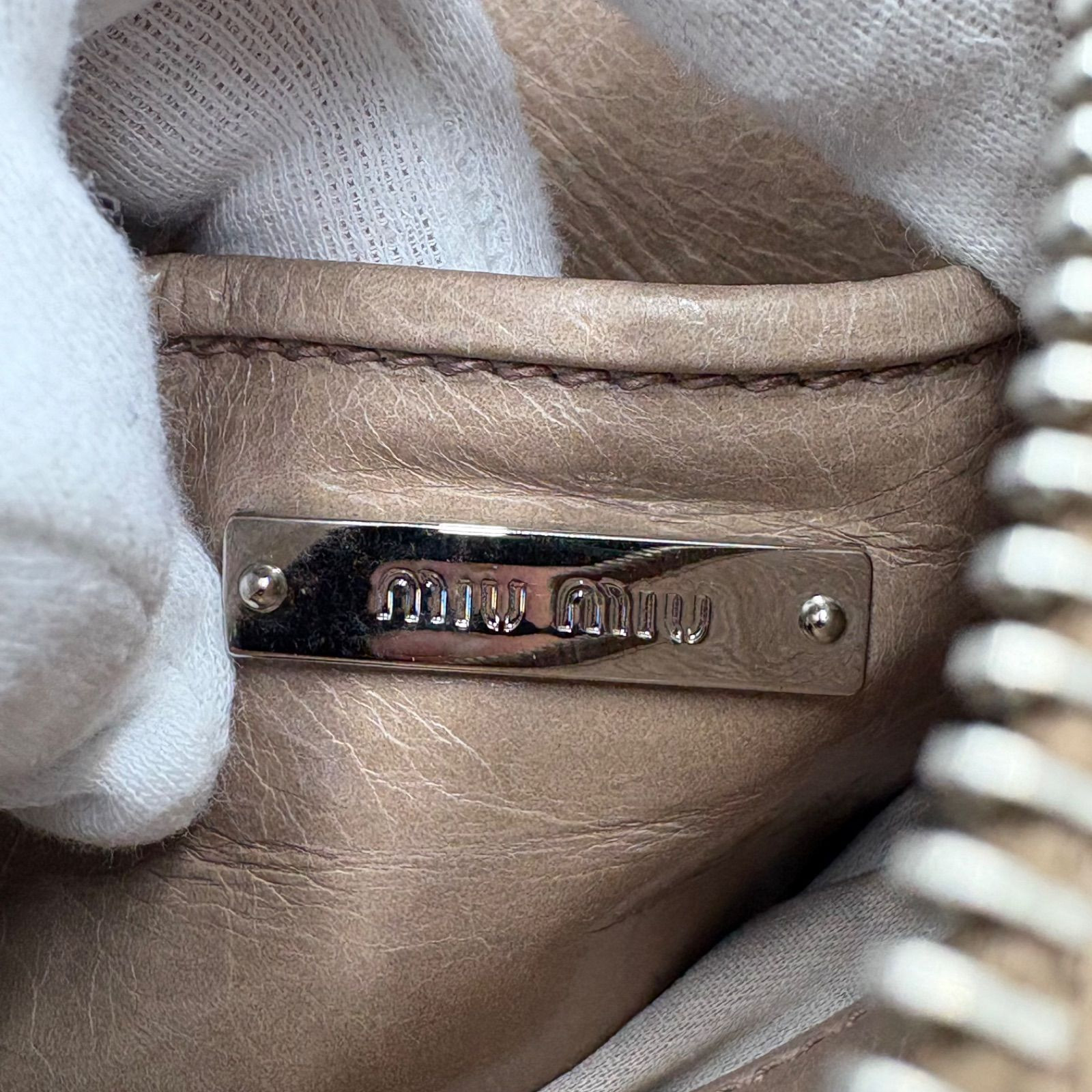 Miu Miu Vitello Shine 2Way Shoulder Bag Pink Beige Side Ribbon Y2K Handbag Auth