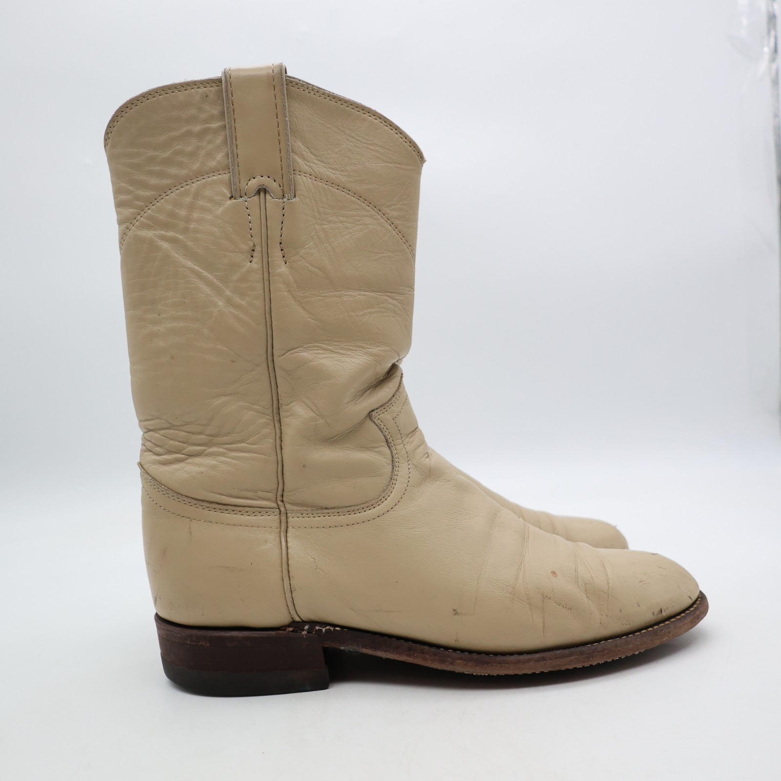 Justin Beige Leather Women’s 6.5 B Roper Western Cowboy Pull On Boots USA L3066