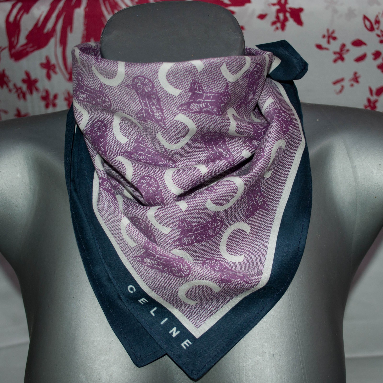 Celine horse and carriage pattern mulberry silk & cotton scarf Logo 47x47cm.