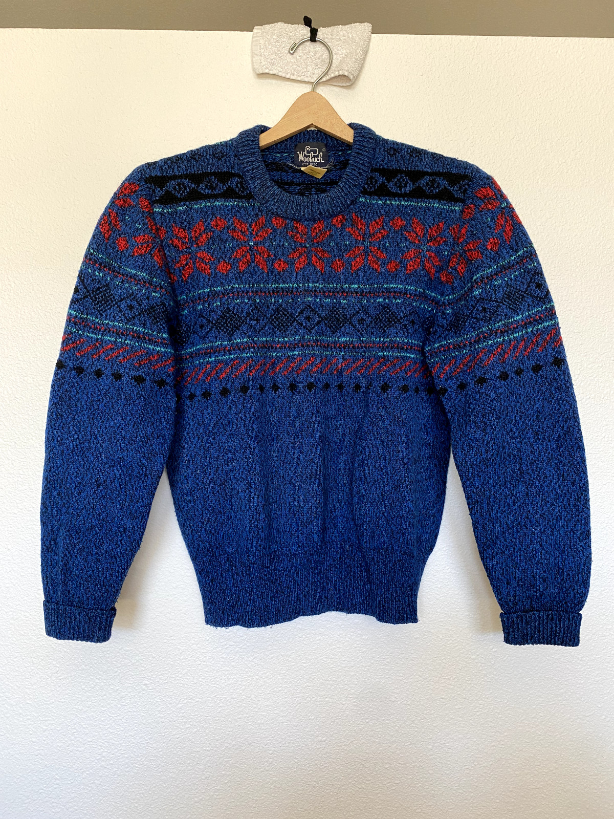 Vintage Woolrich Knit Sweater Mens Wool Crewneck Chunky Blue Fisherman Fall Sm