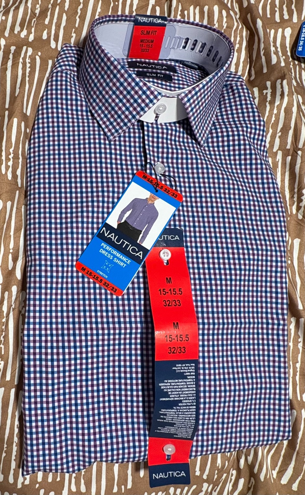Nautica Slim Fit Men Perf. Stretch Shirt, M,PURPLE Print Pattern, 15-15.5, NWT!