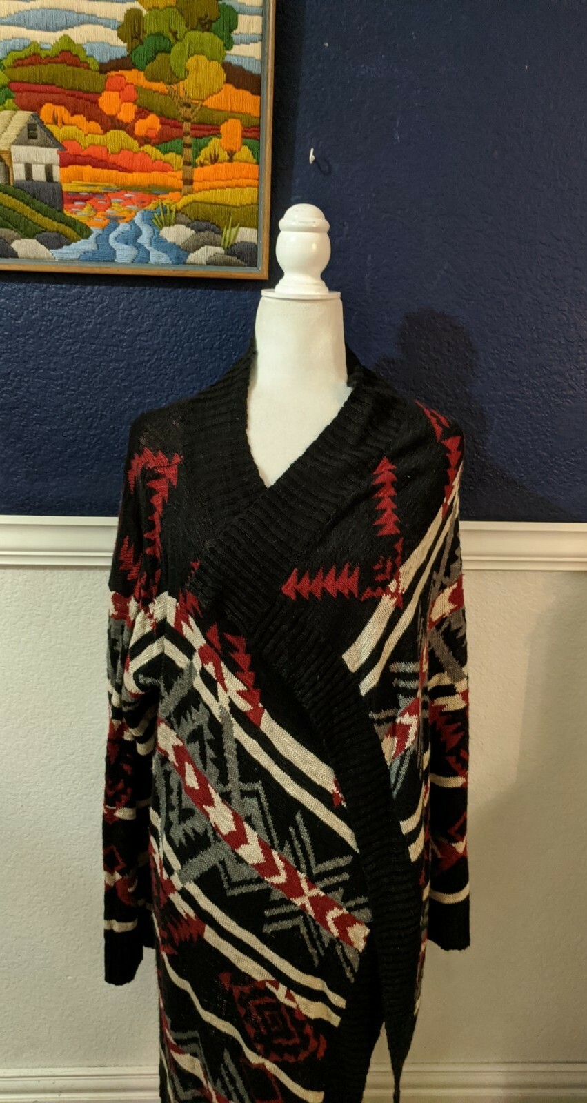 Pink Rose Red White Black Open Front Southwestern Cardigan Sweater Sz Medium M