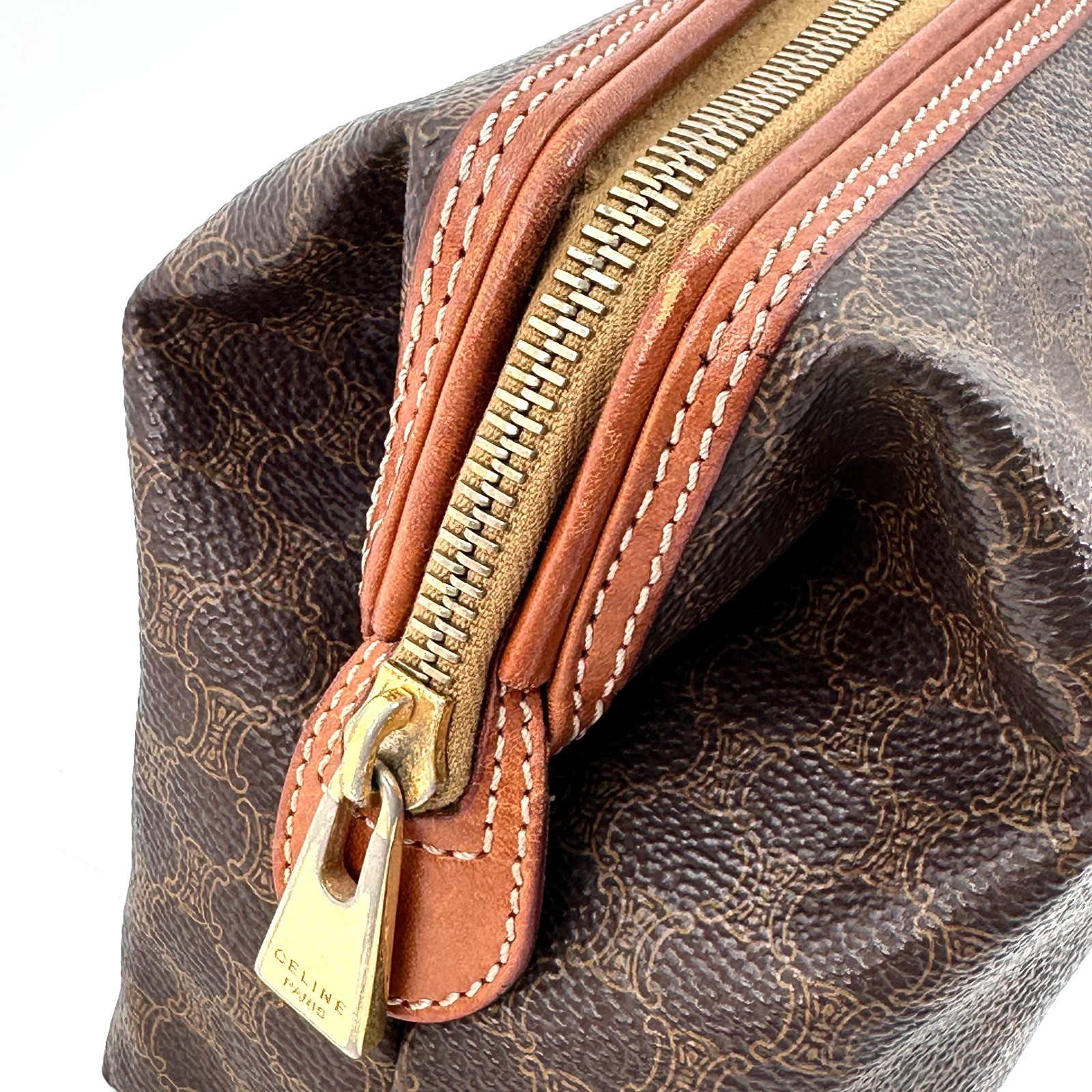 CELINE Vintage Macadam Vanity Clutch Bag Purse Cosmetic Pouch Brown