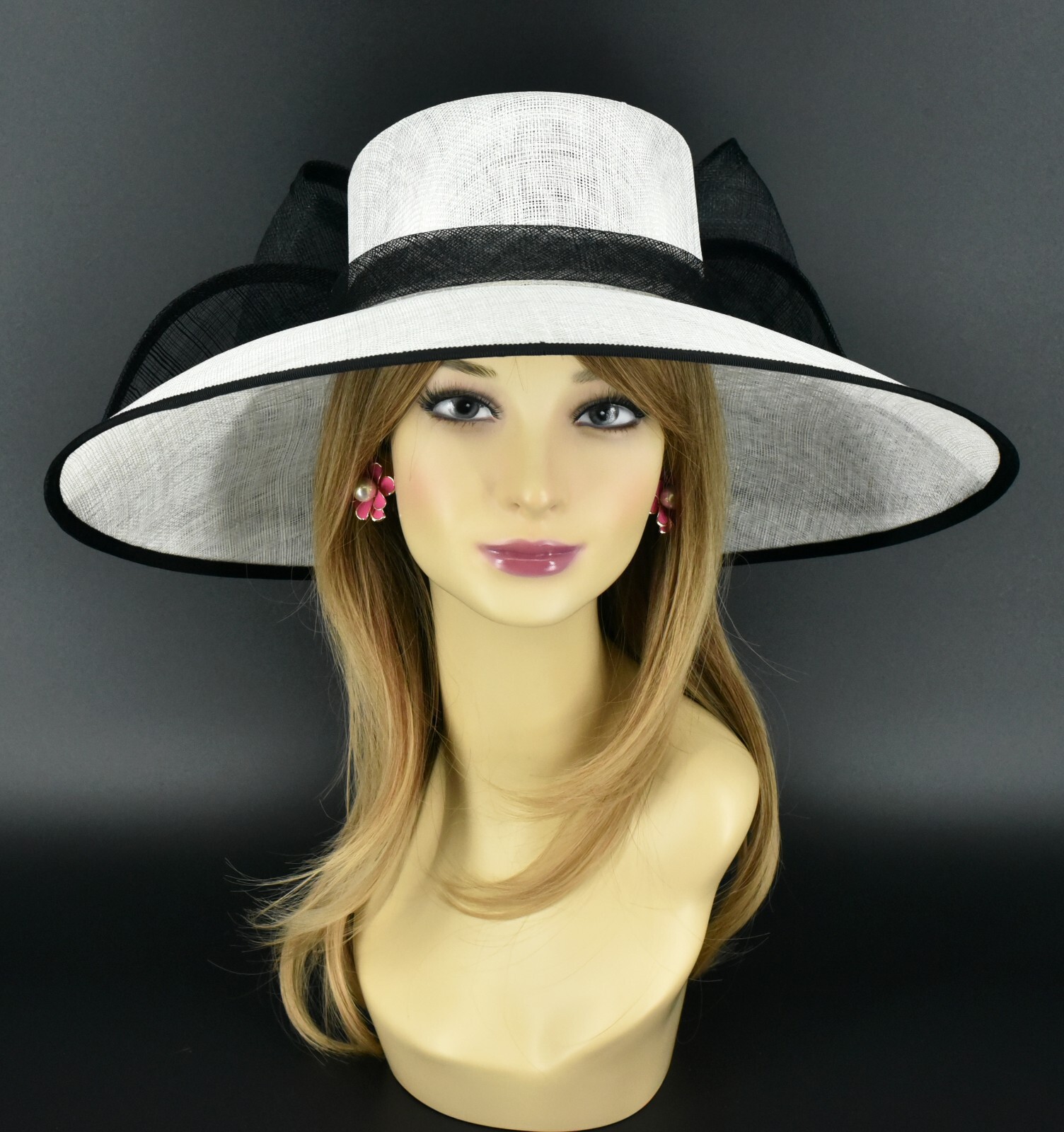 M95( White/Black)Kentucky Derby Church Wedding Royal Ascot Wide Brim Sinamay hat
