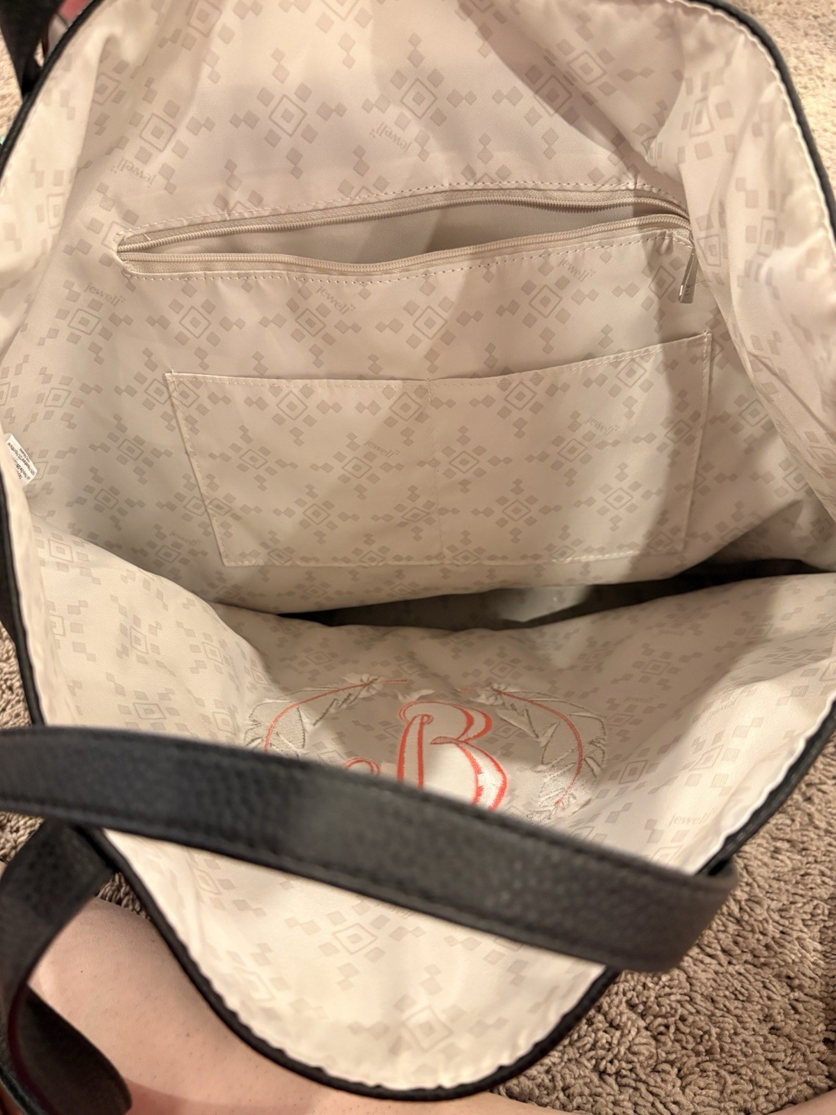 Thirty-One Black Large Tote Bag Monogram B Detachable Strap Inner Pockets
