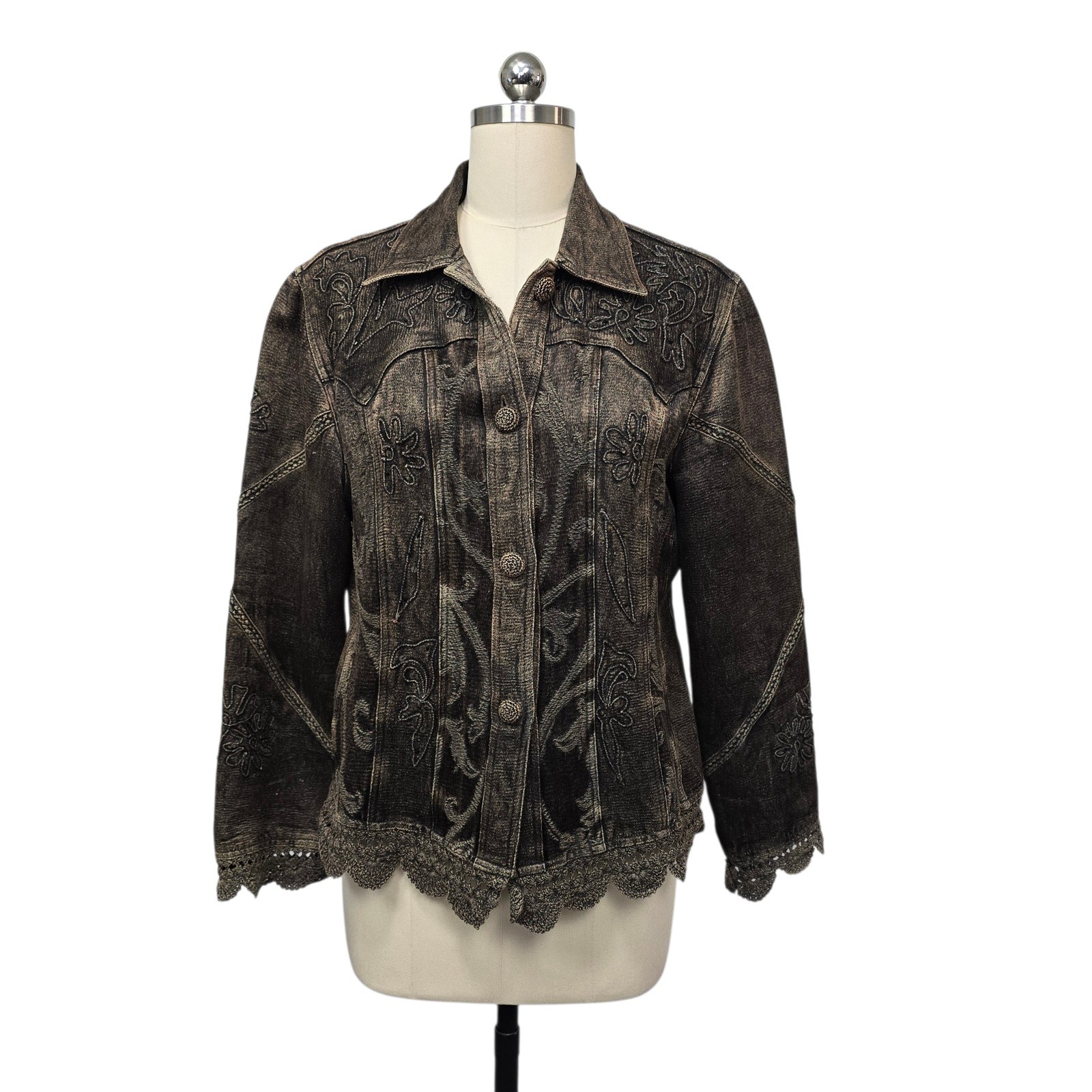 Flashback Women’s Embroidered Brown Jacket Western Lace Trim Size Petite Large