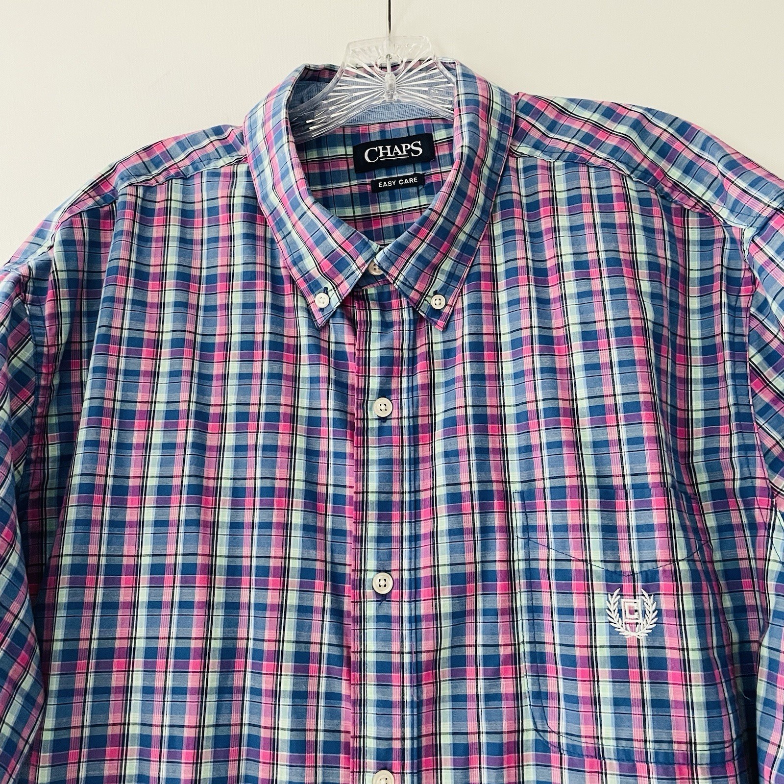 Chaps Easy Care Men 3XL Vibrant Blue Pink Plaid Short Sleeve Button Down Shirt