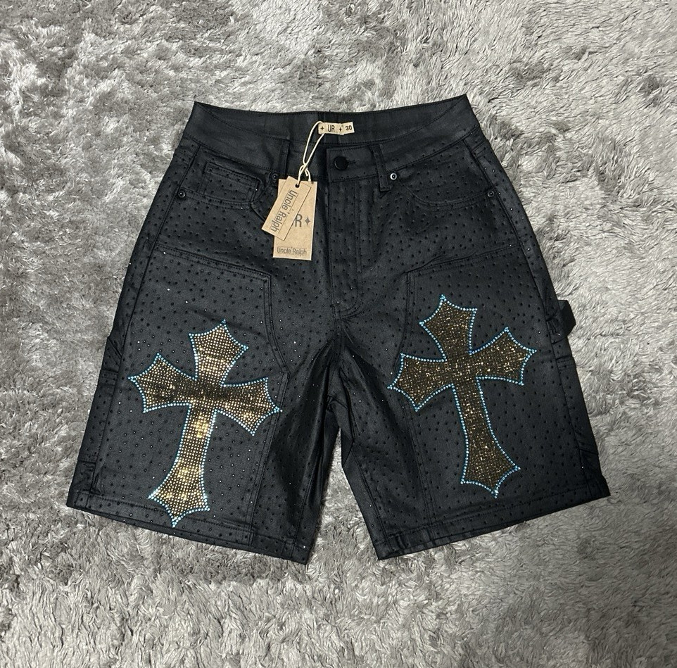 UR Men’s Black Dark Wash Denim Shorts Rhinestone Cross Flat Front Pockets