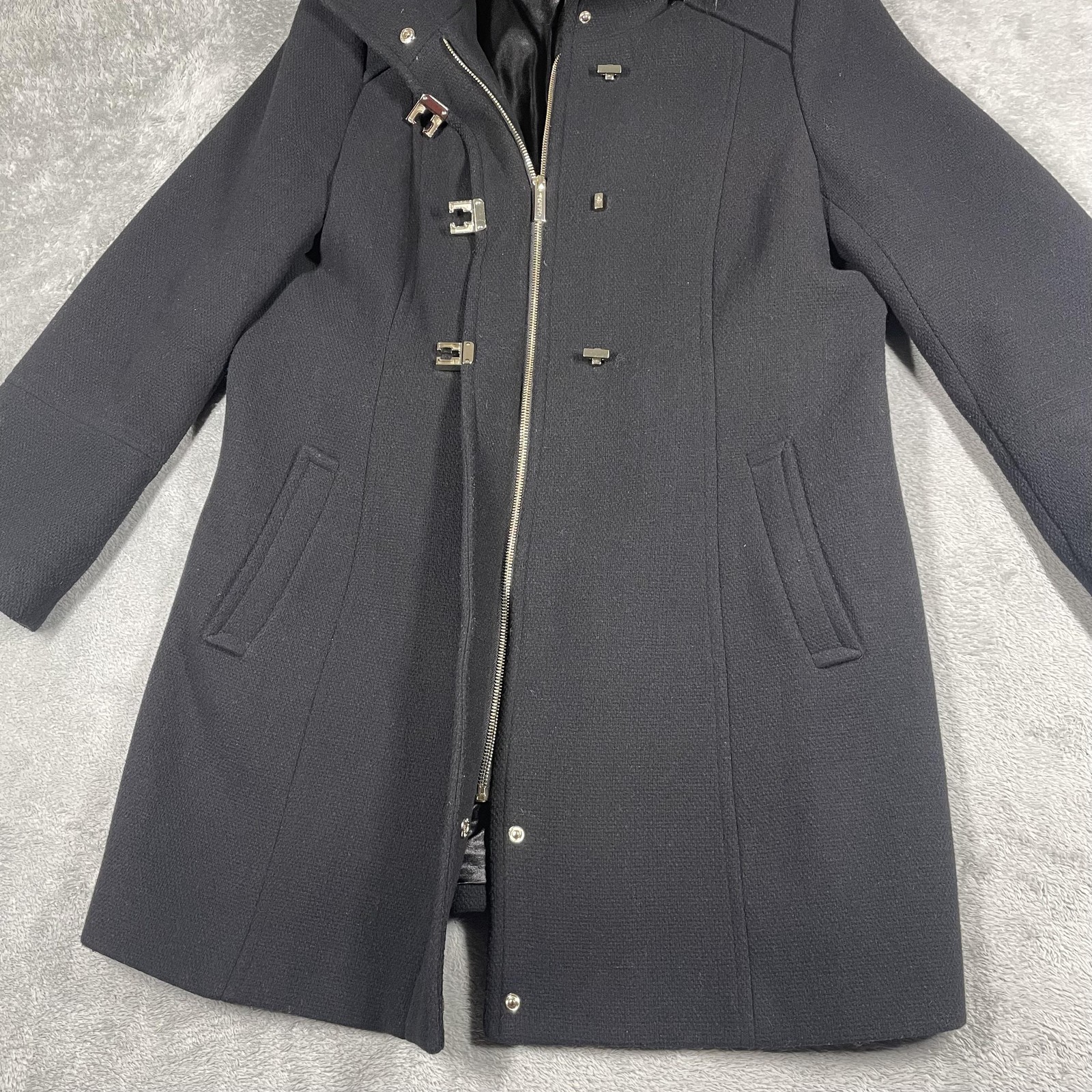 Calvin Klein Coat Womens XL Black Wool Blend Hooded Belted Faux Fur Parka