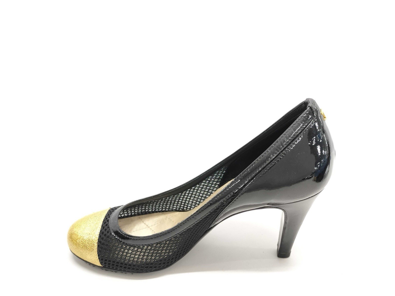 Chanel Mesh And Leather Black Gold Heels Sz 37