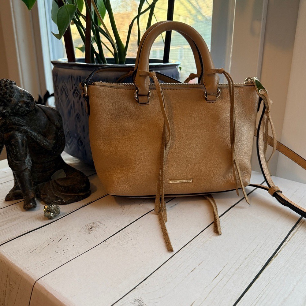 Rebecca Minkoff Tan Pebbled Leather Mini Satchel Crossbody with Fringe Details